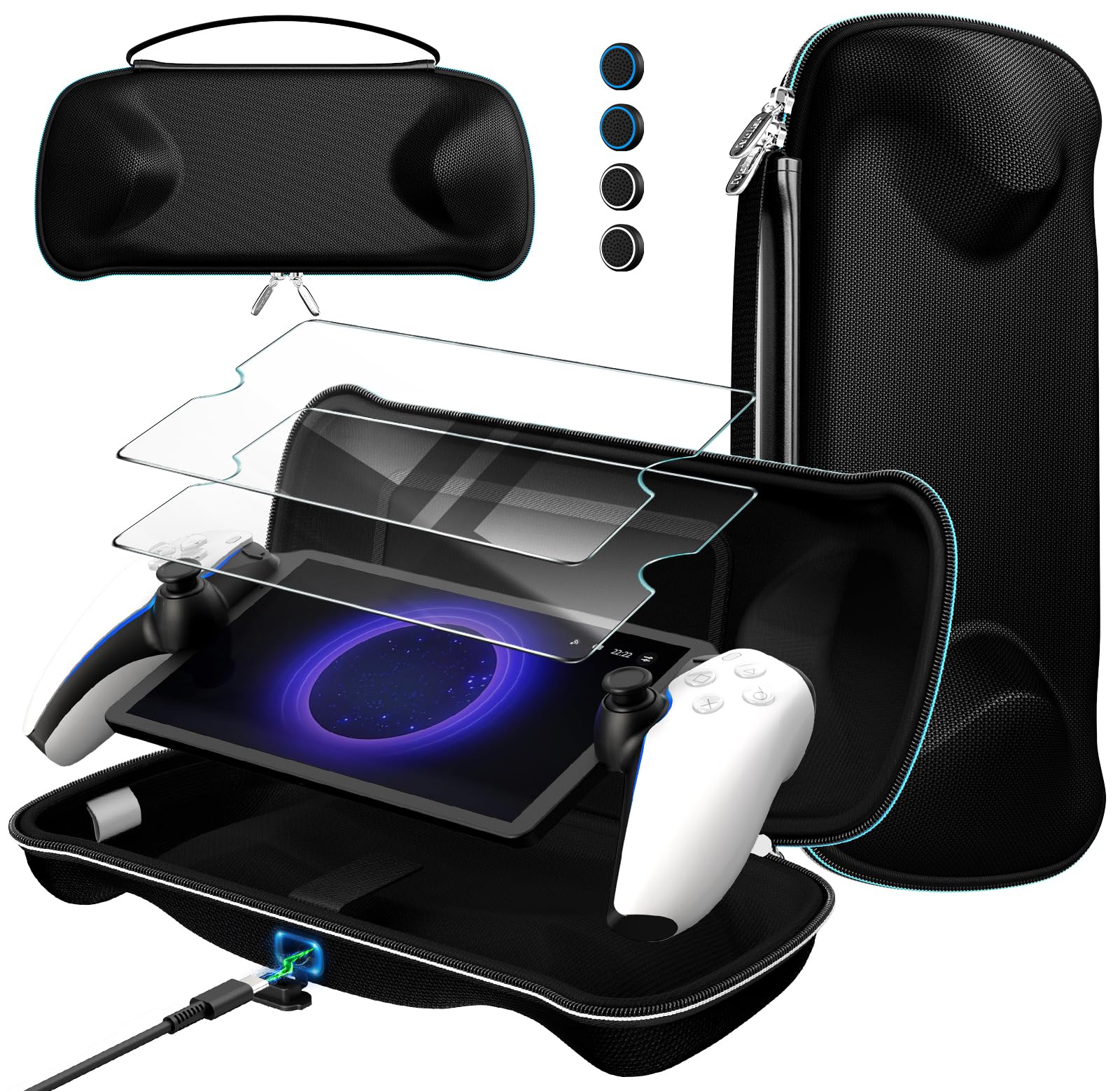 iVoler Etui do PlayStation Portal Remote Player z funkcją ładowania + 2 szt. szkła hartowanego. Sztywna torba podróżna, wstrząsoodporna, czarna