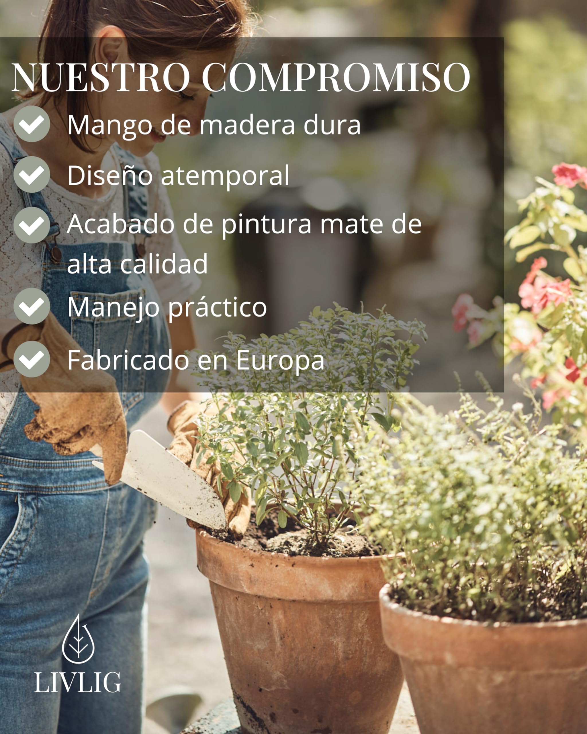 LIVLIG Juego de herramientas de jardín, juego de herramientas de jardín compuesto por pala, rastrillo, azada con tenedor, mango de madera de roble