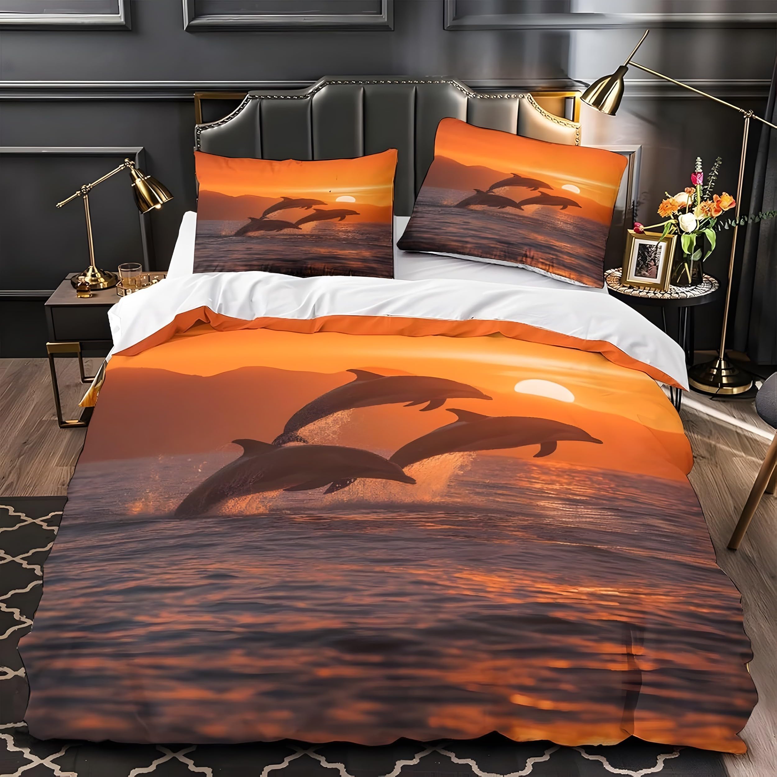 YZQGLHP Dolphins Small Double Duvet Cover Set 135x220cm – 3D Print Sunset Scenery Lightweight Microfiber Bedding, Soft Quilt Cover with Zipper & 2 Pillowcases 50x75cm