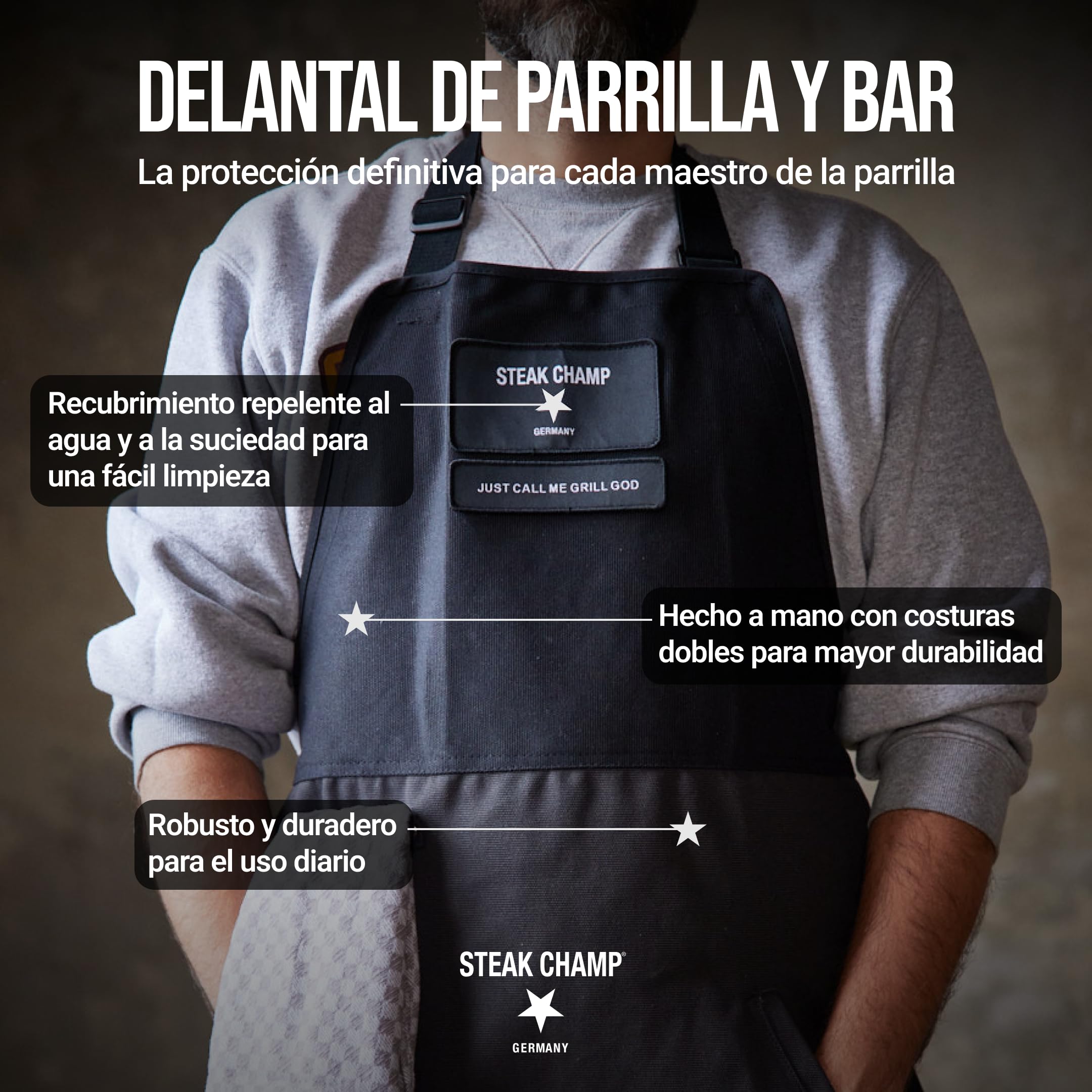Steakchamp Delantal de Cocina y Barbacoa Delantal de Cocina y Barbacoa Robusto, Ajustable, con Revestimiento Repelente a la Suciedad y al Agua, Parche Personalizable
