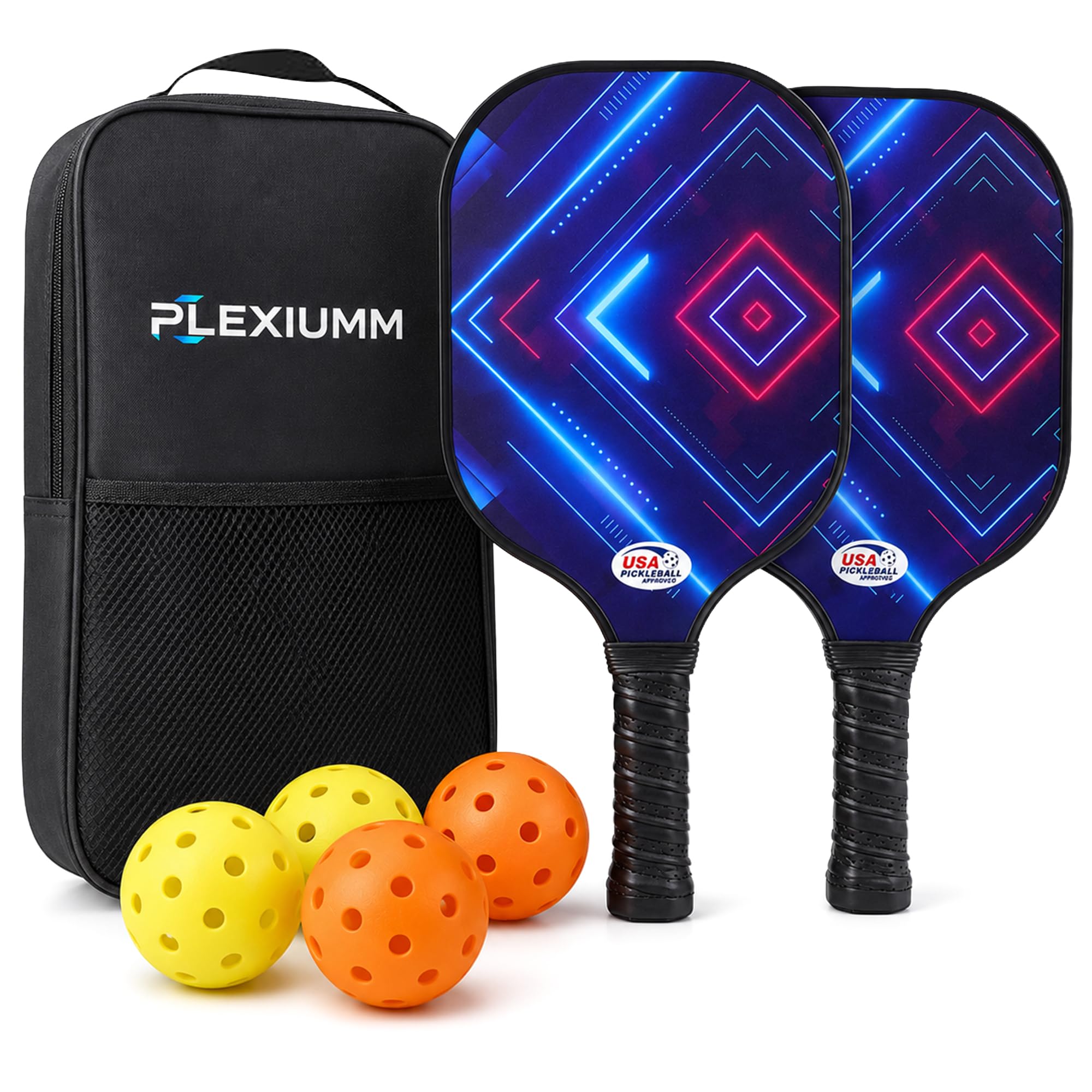 Set di 2 racchette da pickleball, con superficie in fibra di vetro approvata USAPA, con 2 racchette da pickleball, 4 palline da pickleball, 1 borsa per il trasporto portatile, set di racchette da