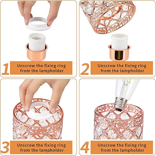 Miniatura 5 de Lámpara de oro rosa, lámpara de mesa de cristal con dos puertos USB-A y CA, luz regulable de 3 vías con pantalla de cristal, lámpara de noche con