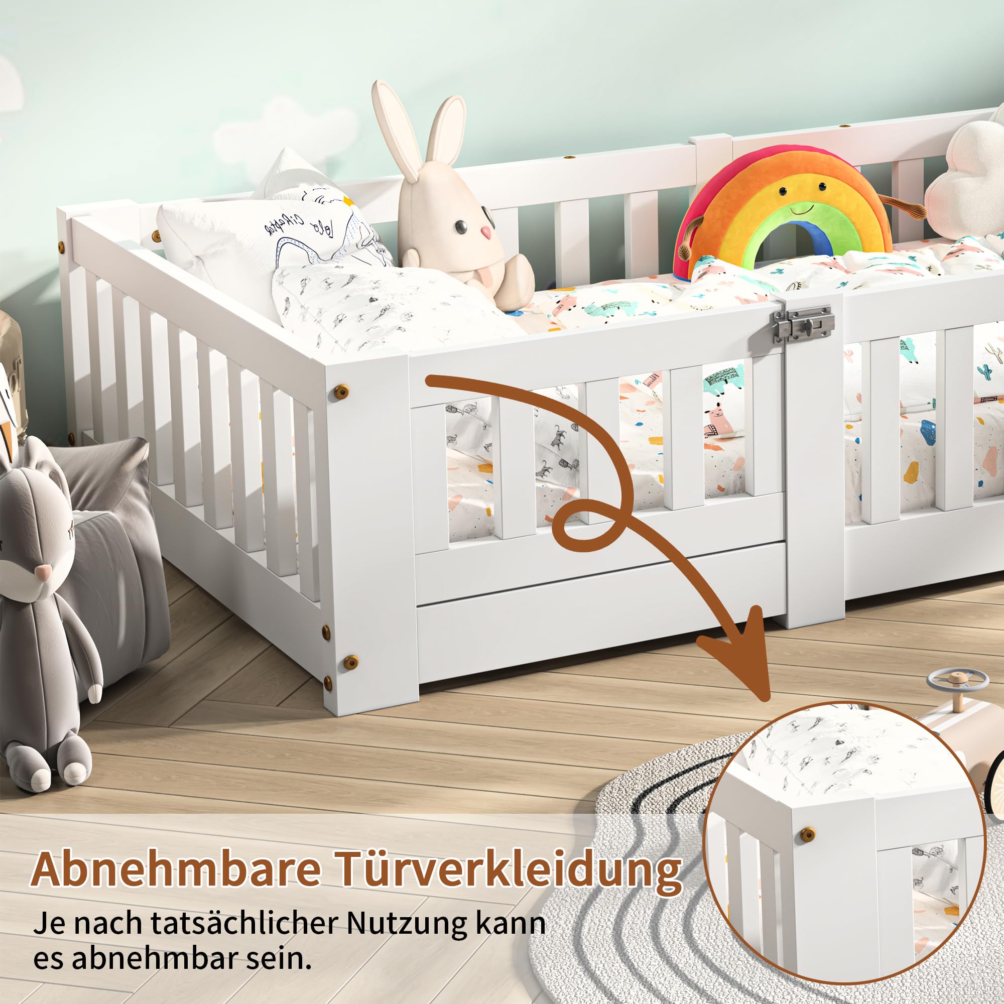 Cama de suelo para niños de 90 x 190 cm con valla y puerta, cama Montessori con protección anticaídas, cama juvenil individual con somier, cama infantil para niños y niñas, blanco (90 x 190 cm