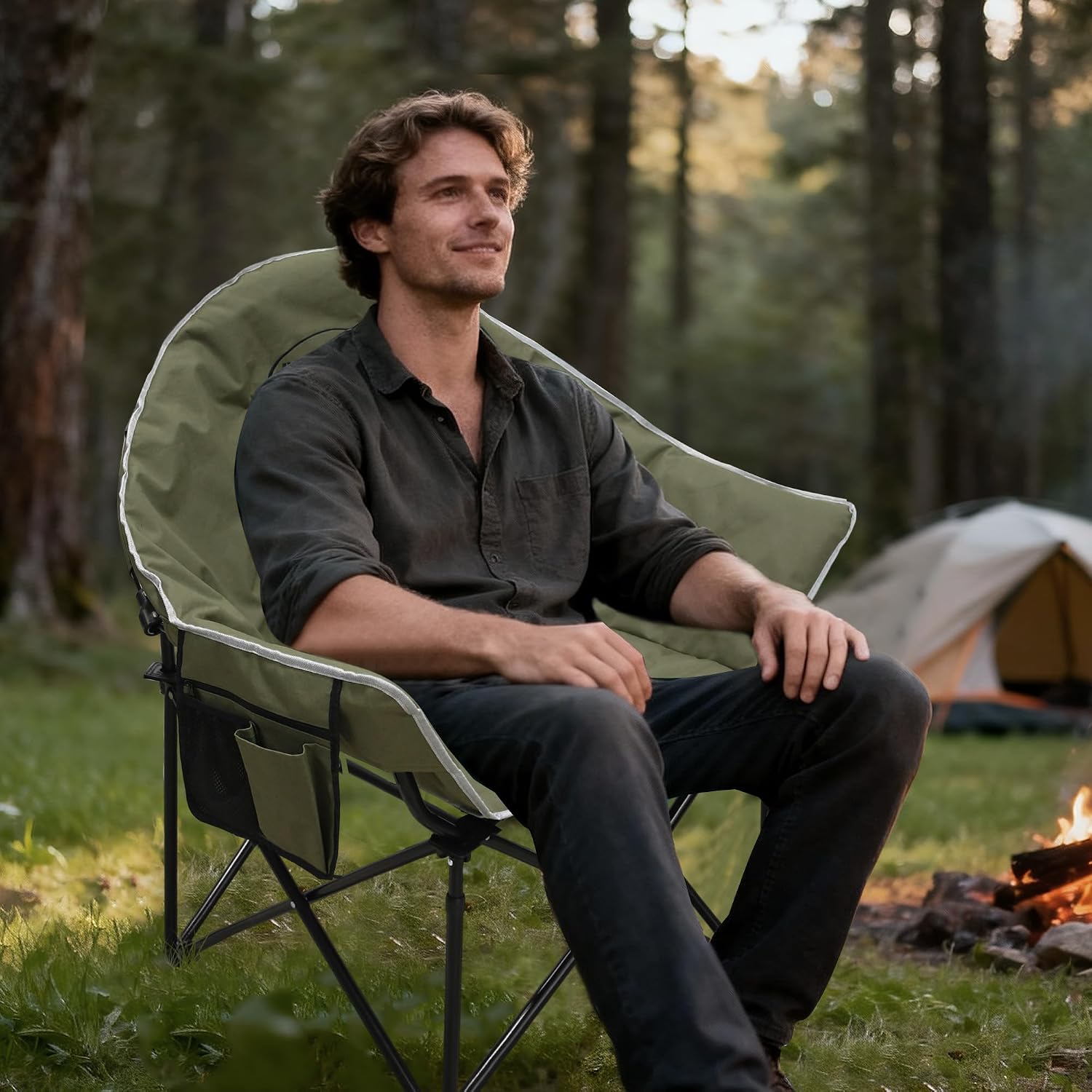 oversized camping chair, portable folding moon chair with side pocket, heavy duty outdoor camping chair for adults, 400lbs support (green)
