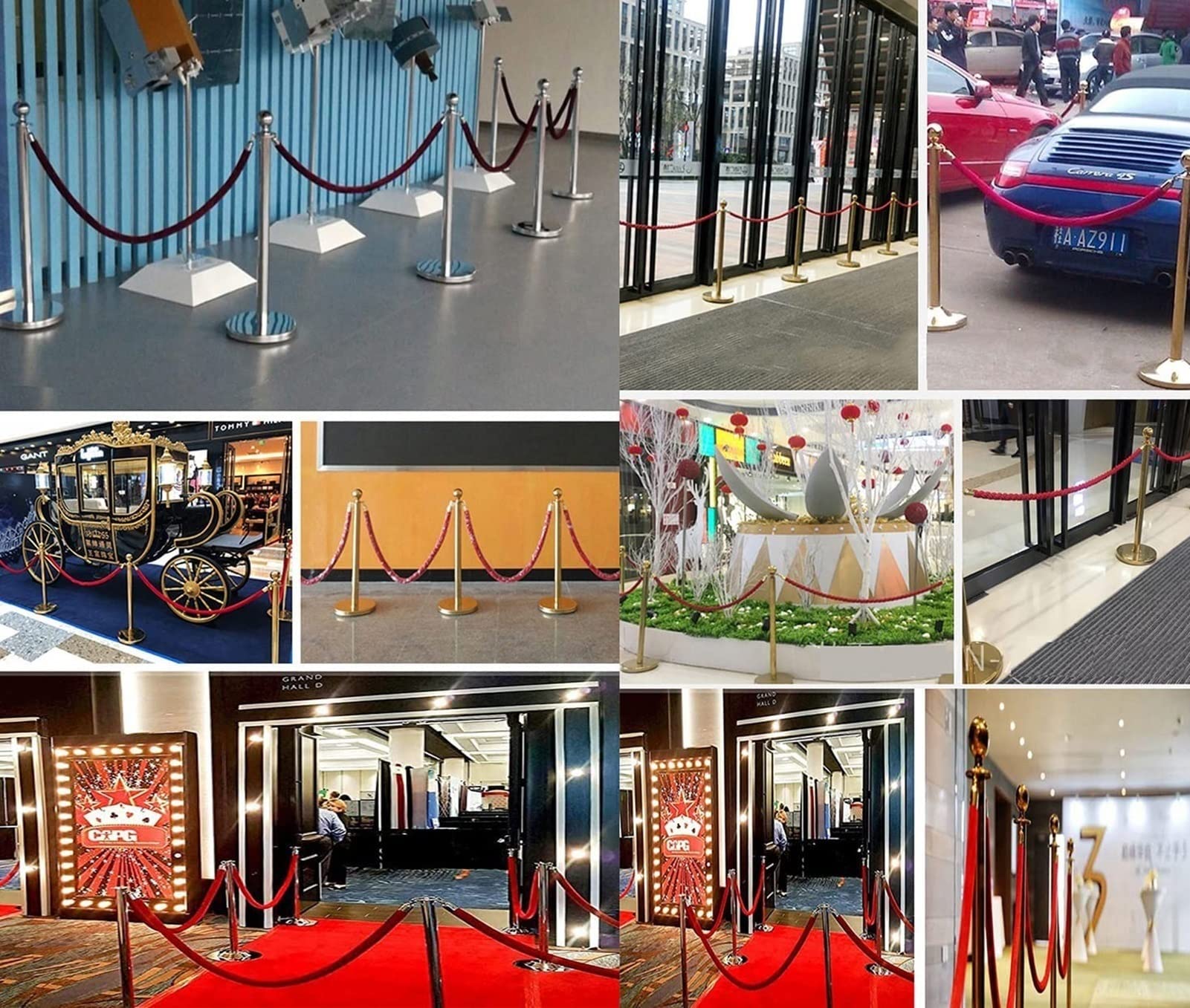 Cuerda de barrera con ganchos dorados, cuerda de soporte comercial para entrada de eventos y control de multitudes