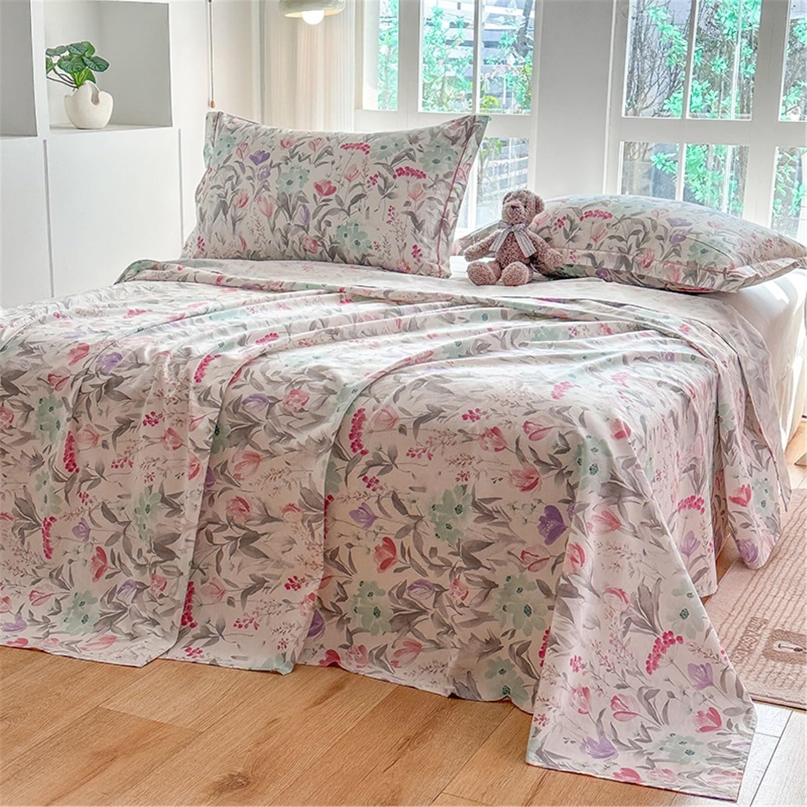 Bettlaken Betttuch Haustuch Laken aus 100% Baumwolle mit Blumenmuster ohne Gummizug Atmungsaktives und Weiches(Flower A,245x270cm Rounded)