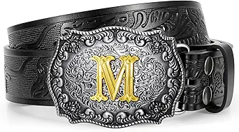 Western Cowboy Leather Belt Men Women, Gold Initial Letters ABCJMZ Buckle Embossed Belt for Jeans