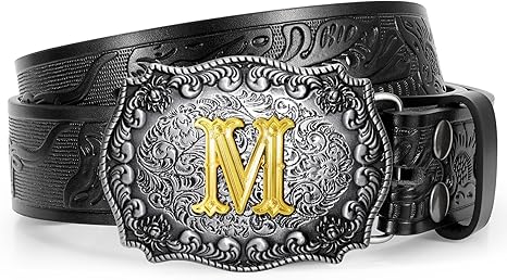 Western Cowboy Leather Belt Men Women, Gold Initial Letters ABCJMZ Buckle Embossed Belt for Jeans