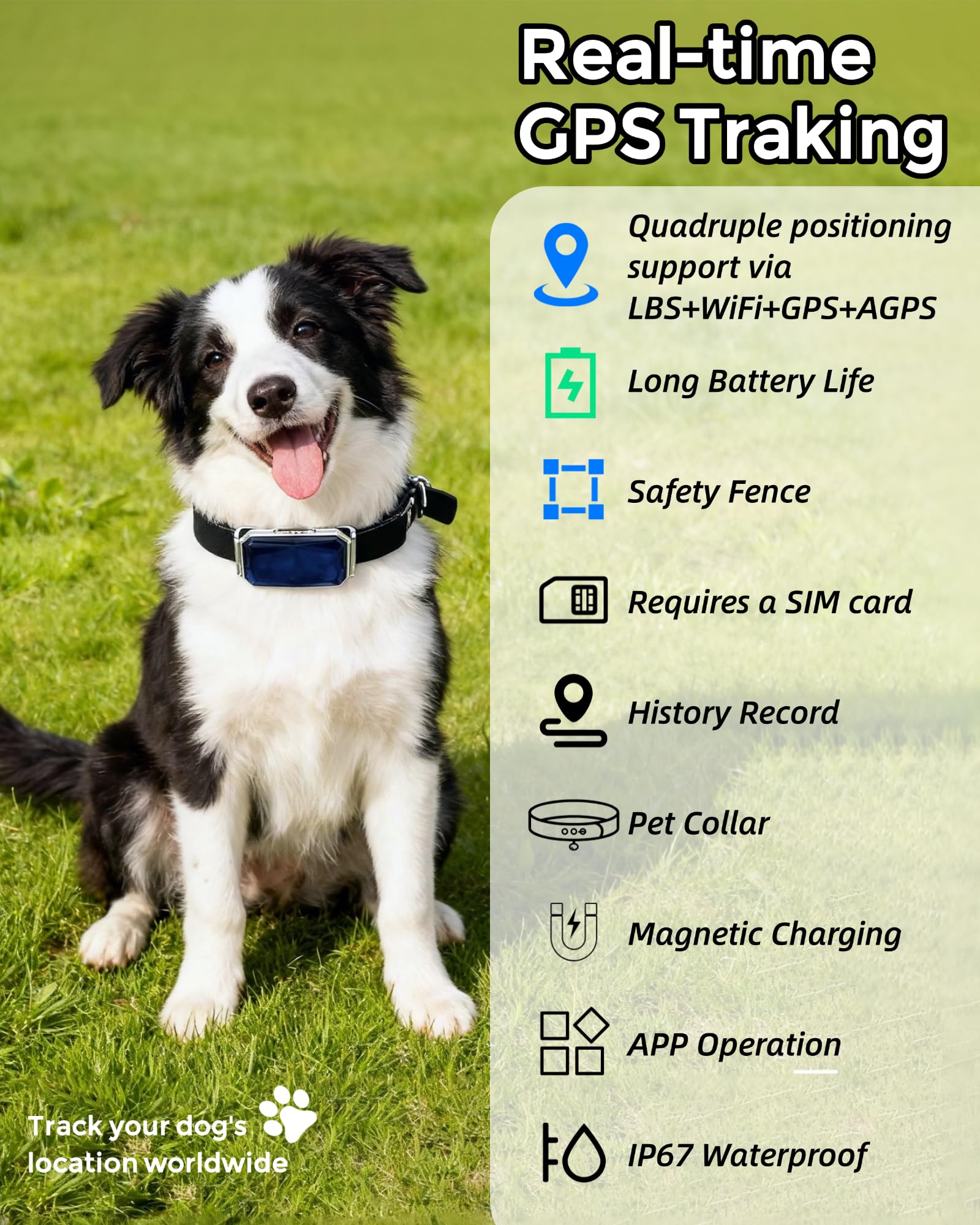 Smart GPS Hunde-Tracker, lebender Haustier-Tracker, virtueller Zaun, 10 Tage Akkulaufzeit, zugfestes Hundehalsband, IP67 wasserdicht, einfache Bedienung über proprietäre APP