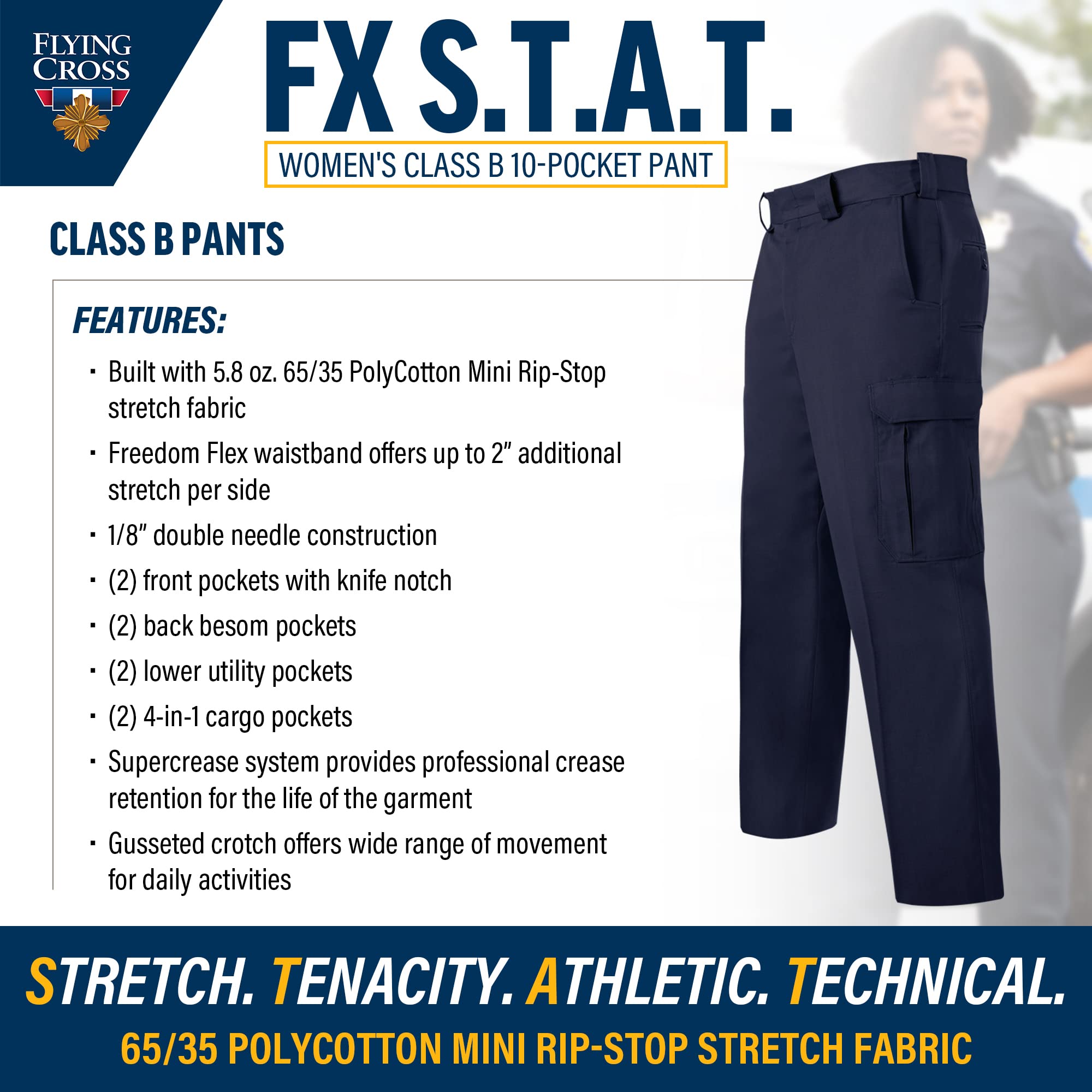 Flying Cross Women's Fx Stat Law Enforcement Duty Pants, Police, Sheriff, Fire Department, EMS, Paramedic, Class B 10-Pocket, LAPD Navy, 18 Reg