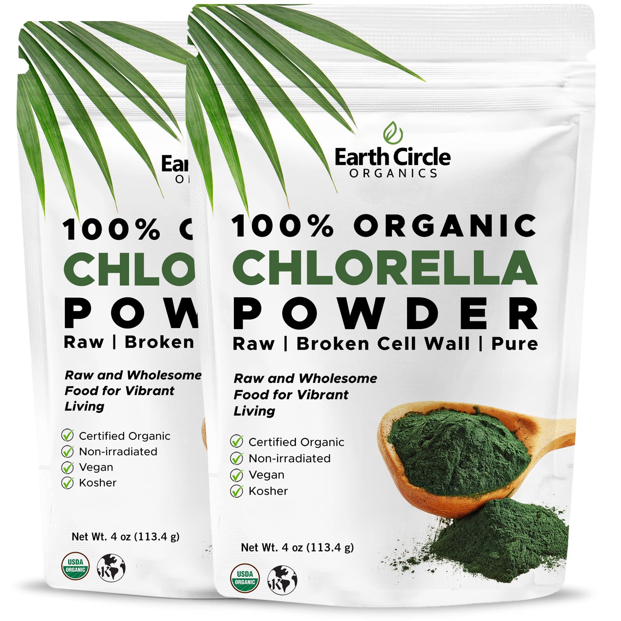 Earth Circle Organics Organic Chlorella Powder Superfood | Kosher | Broken Cell Wall Chlorophyll, Vegan, Super Green Algae, Clean Chlorella, High in Protein, Fiber & Amino Acids - 4oz (2 Pack)USDA Organic