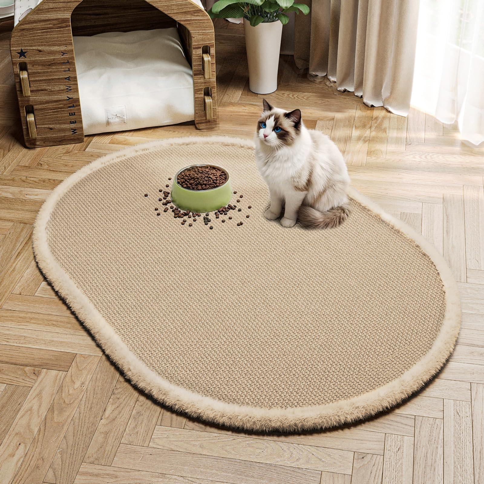 Muecleao Pet Feeding Mat with Plush Edging, Ultra-Soft High-Density Woven Mat, Waterproof & Non-Slip Dog Cat Dining Pad, Easy to Clean Floor Protector for Food Bowls (Brown 80 x 50 cm Oval))