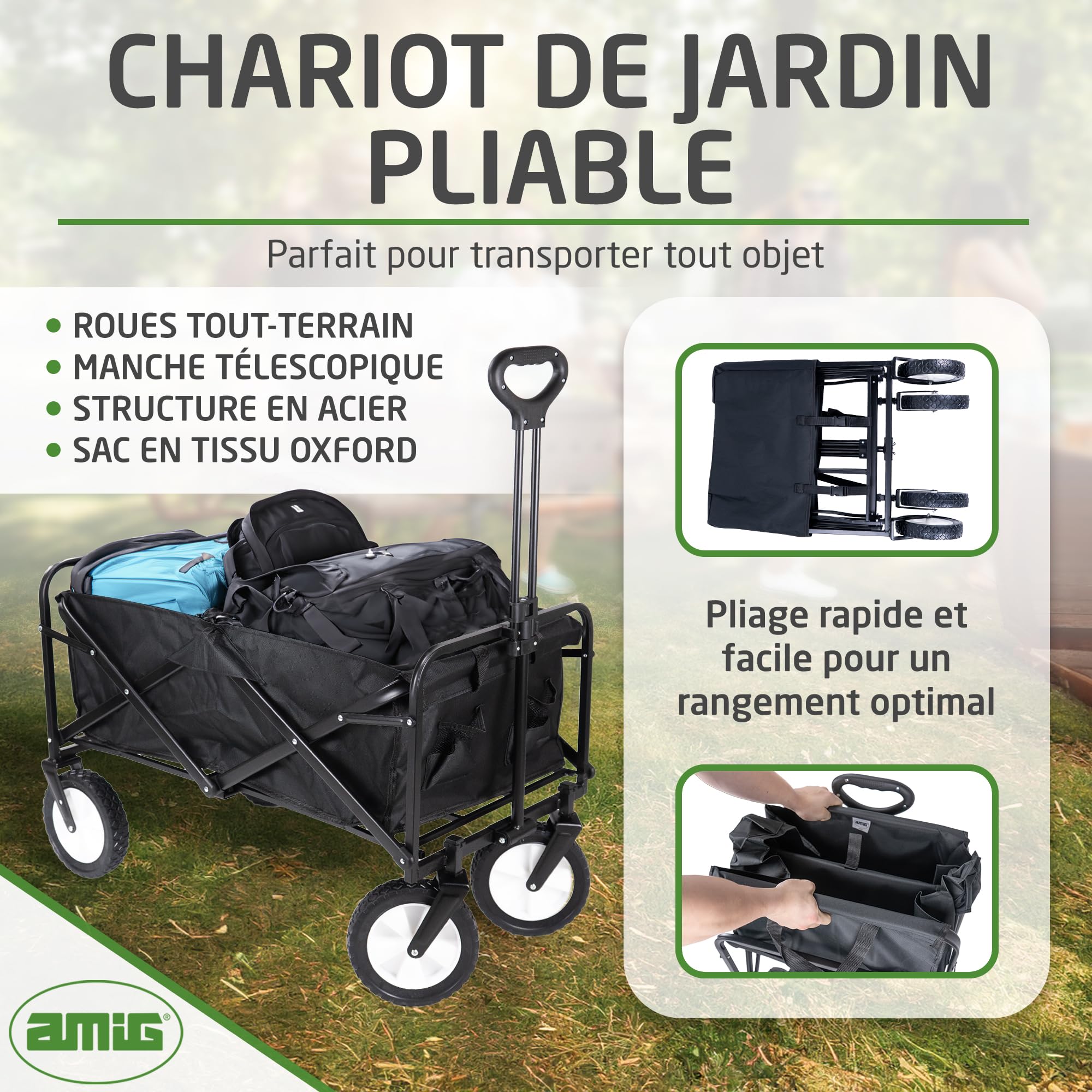 Amig - Chariot de Jardin Pliable Chariot de Plage avec Toile Oxford Imperméable Couleur Noire Roues de 20 cm de diamètre 360º Charge Max. 100 kg, Noir
