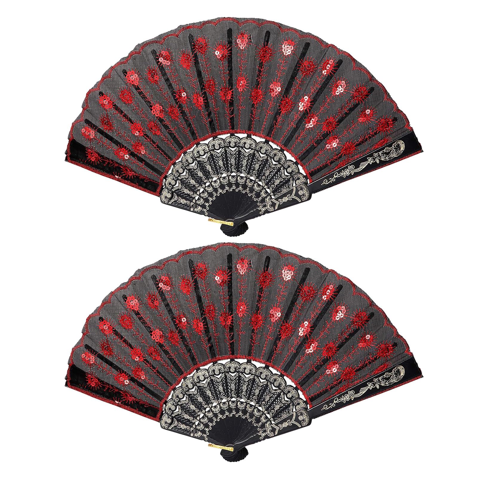 HZBB 2 Pack Stylish Hand Fan with Intricate Embroidery Glittering Sequins Lace Folding Fan for Dancing and Photography Props Embroidery
