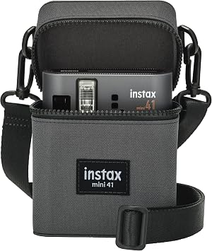 INSTAX mini 41 Instant Camera case with Shoulder Strap, Zip Fastening Camera Pouch and Rear Film Pocket, Finished in toughened Charcoal Grey Fabric