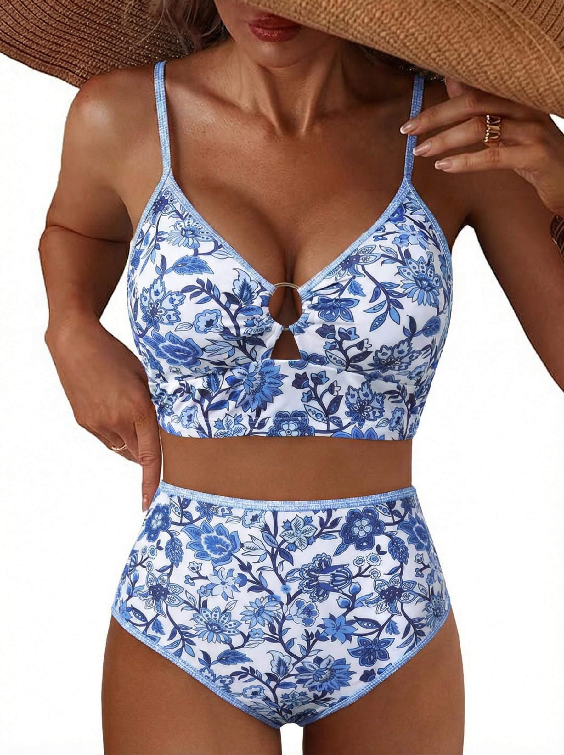 Herseas Womens O Ring Bikini Sets 2 Pieces Floral Print Swimsuits High Waisted Bathing Suits