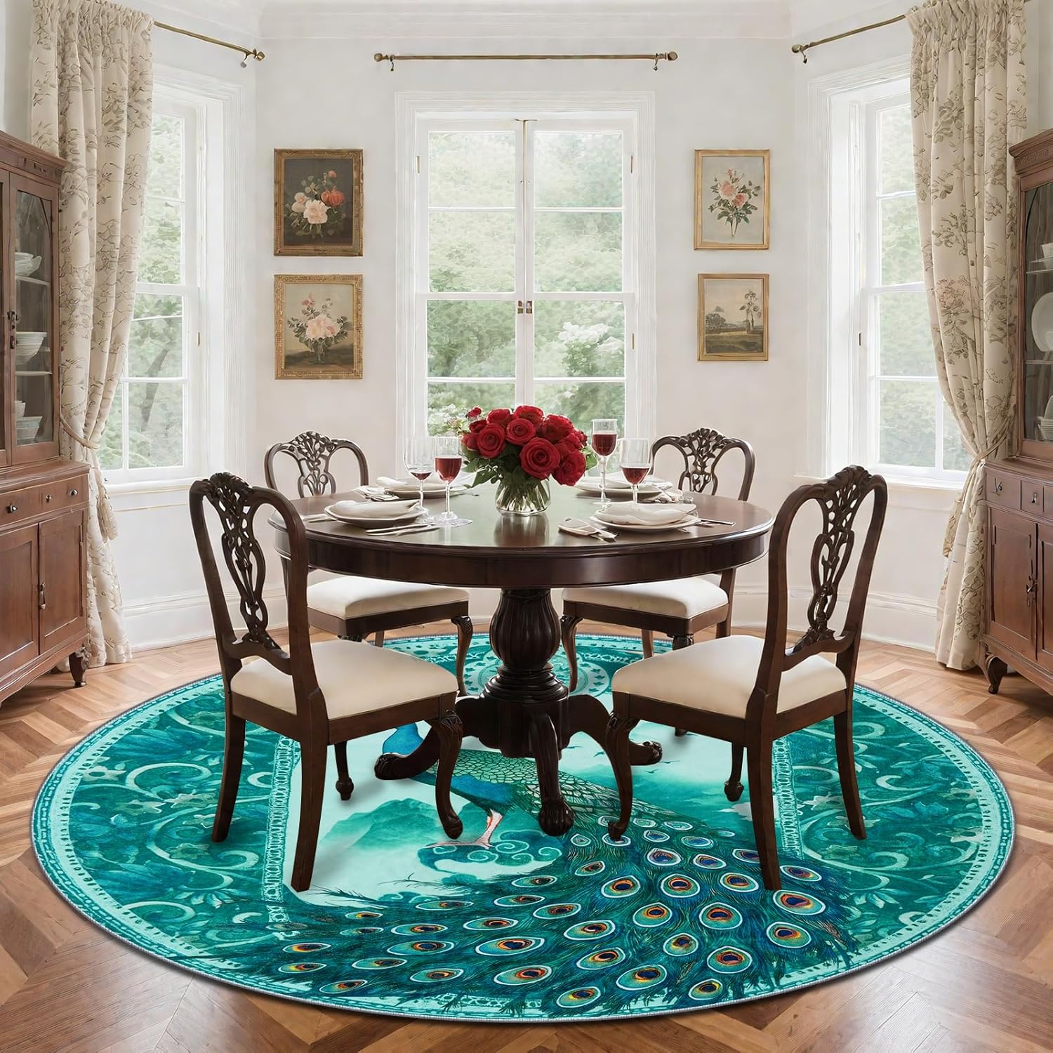 Round 4ft Rug with Peacock, Cute Animal Washable Indoor Circle Area Rugs for Living Room, Soft Circular Non-Slip Carpet Floor Mat for Bedroom Bathroom Kids Playroom - Teal Peacock