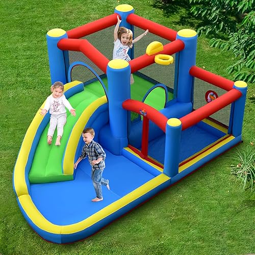Miniatura 8 de BOUNTECH Tobogán acuático inflable, casa hinchable para niños de 5 a 12 años, para fiestas en interiores y exteriores, con soplador de 480 W, bolas