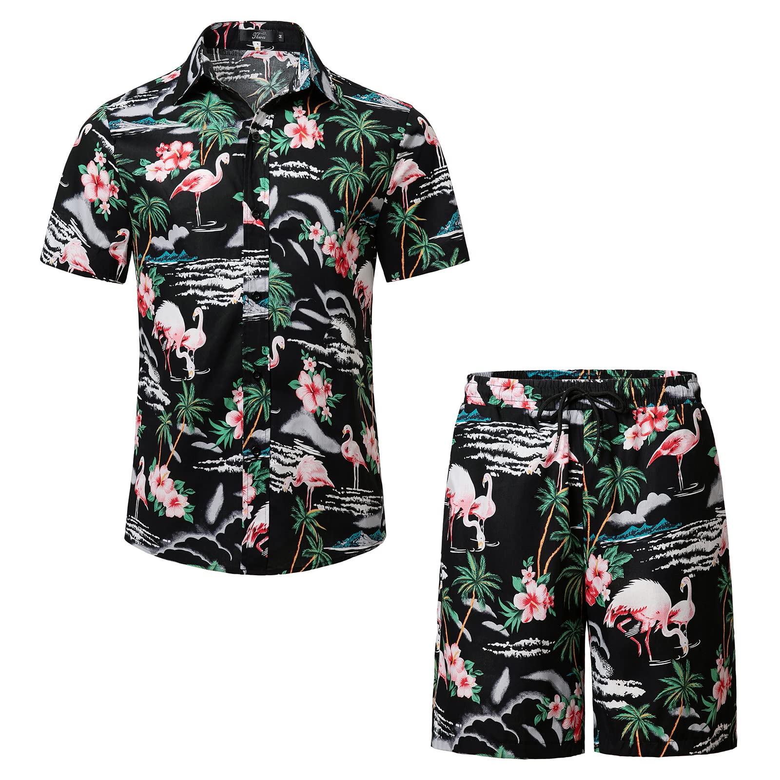 THWEI Mens Hawaiian Matching Set Summer Beach 2 Piece Holiday Outfits Flower Shirts and Shorts