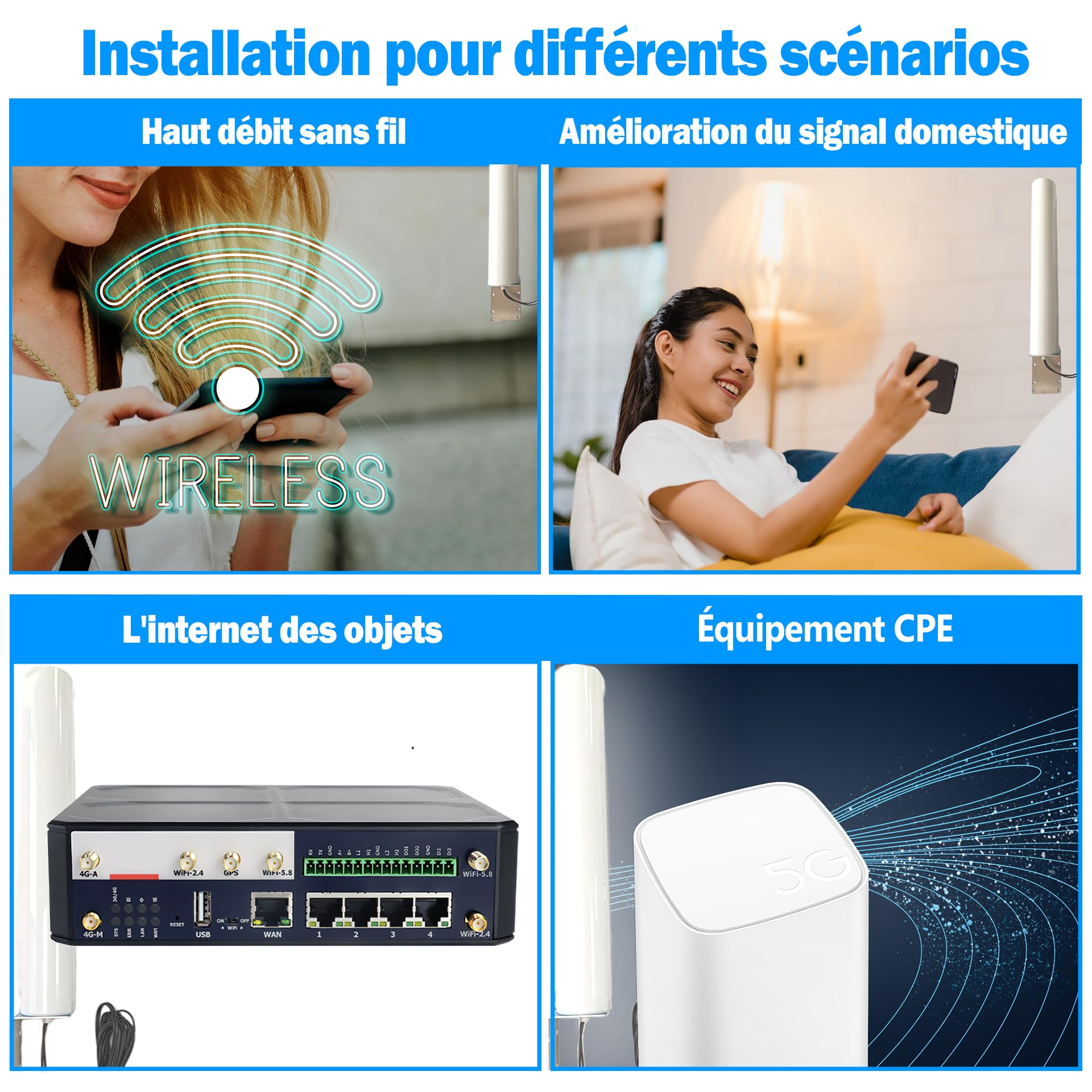 Maswell Antenne Extérieure Externe 5G 4G WiFi 6-2X2 MIMO Omni Full Band 700-6000 MHz, Jusqu'à 4.5 dBi Gain - Compatible avec O2, Vodafone, Three, EE - SMA Mâle avec Adaptateur TS9