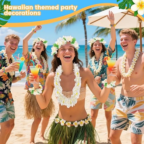 Miniatura 2 de LovesTown Juego de 4 piezas hawaianas de Lei, guirnalda de corona de Luau blanca Hawaii Leis Flower Headpiece collar pulsera verano piscina playa
