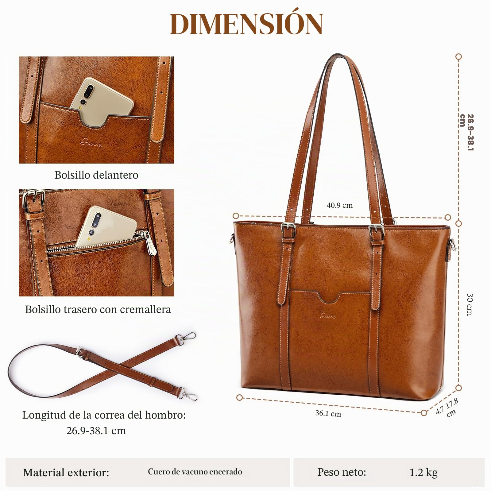 S-ZONE Bolso de mano de piel para laptop de 15.6 pulgadas con correa cruzada para mujer