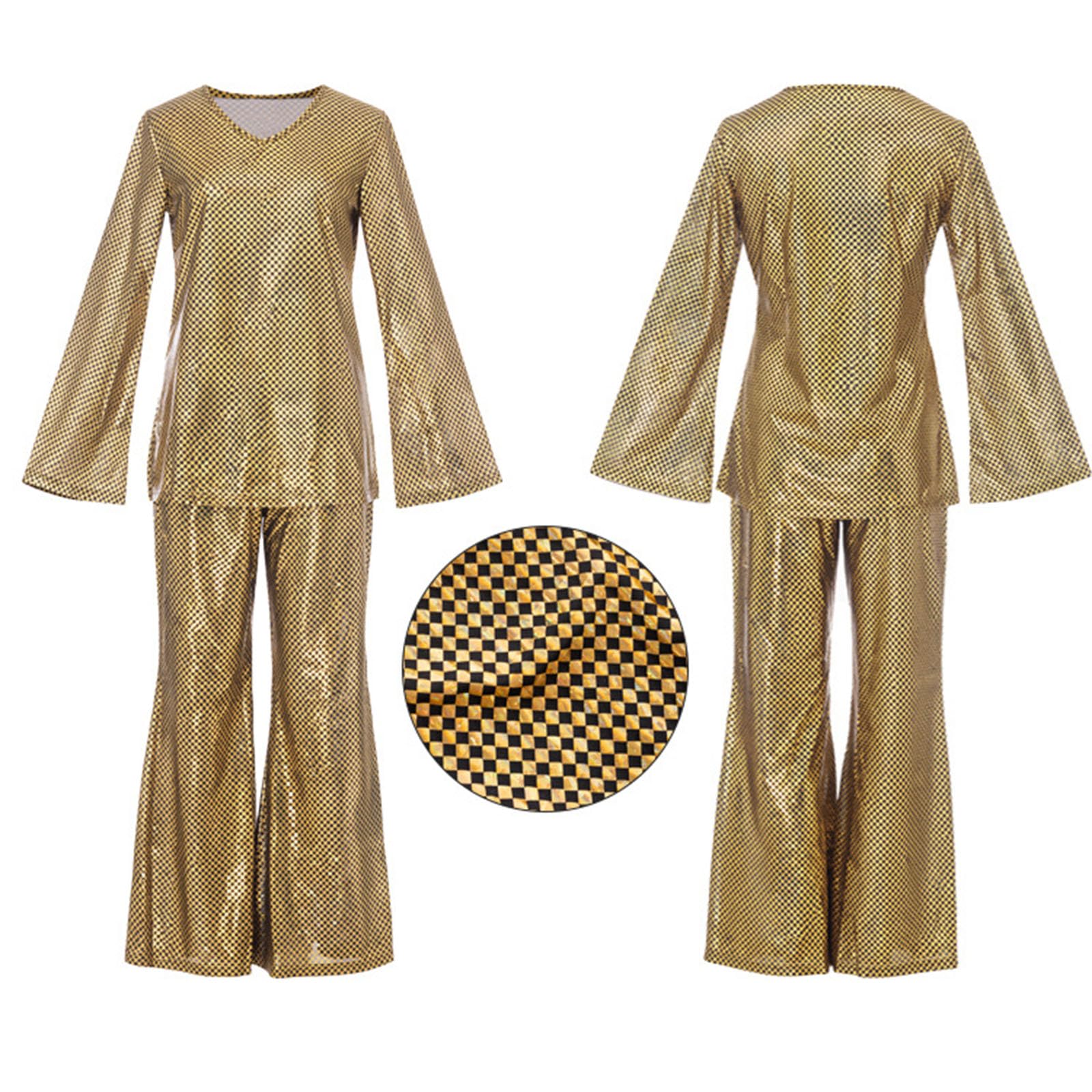 Disco Kostüm Damen 60er 70er Jahre Outfit Disco Outfit mit Perücke Halskette Armband Ohrringe Stirnband Pailletten Outfits für Halloween Faschingskostüme Themenparty