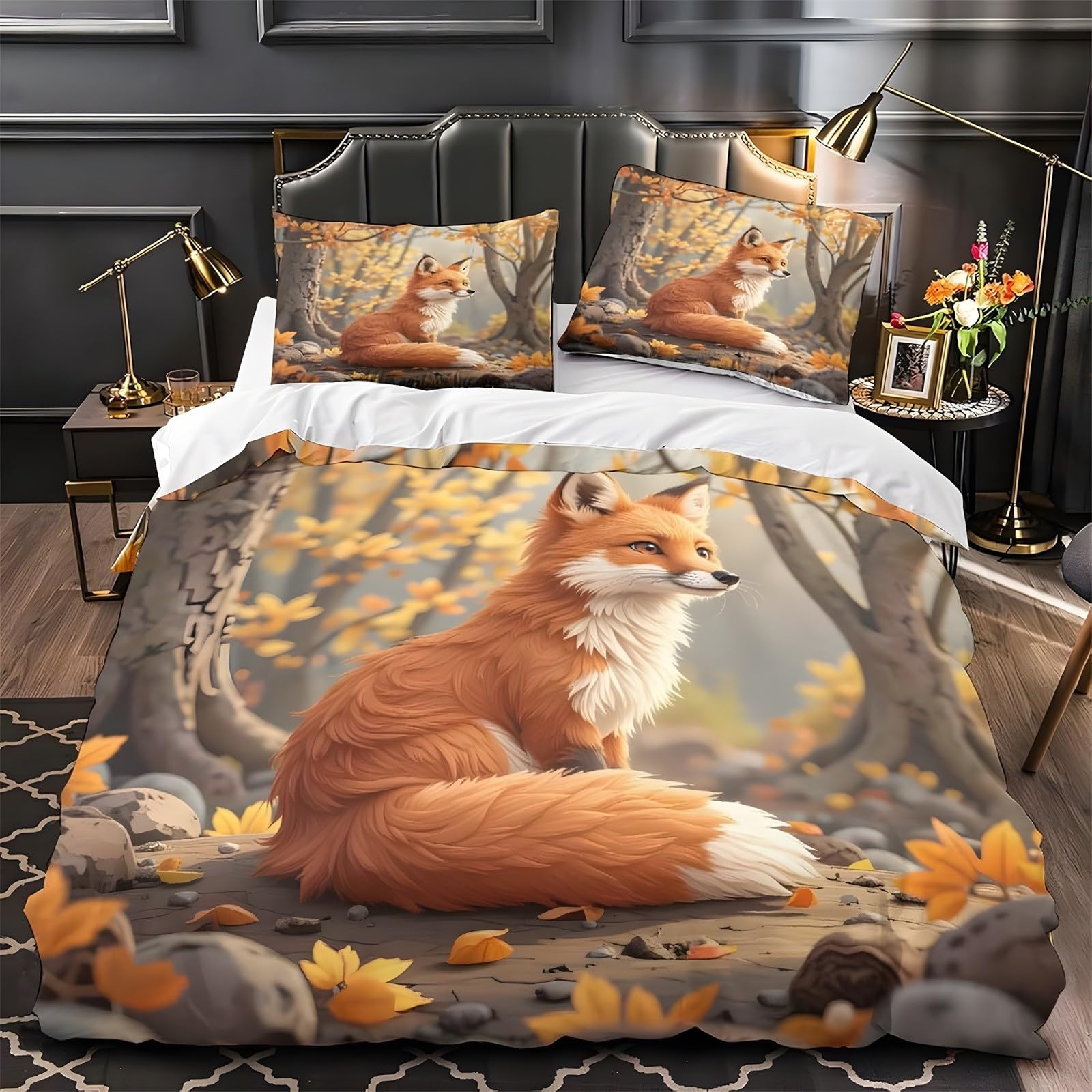Ypthriline Autumn King Size Duvet Cover Sets Fox Bedding Set Microfiber Duvet Covers With Pillowcases Reversible Bedding With Zipper Closure 230X220cm