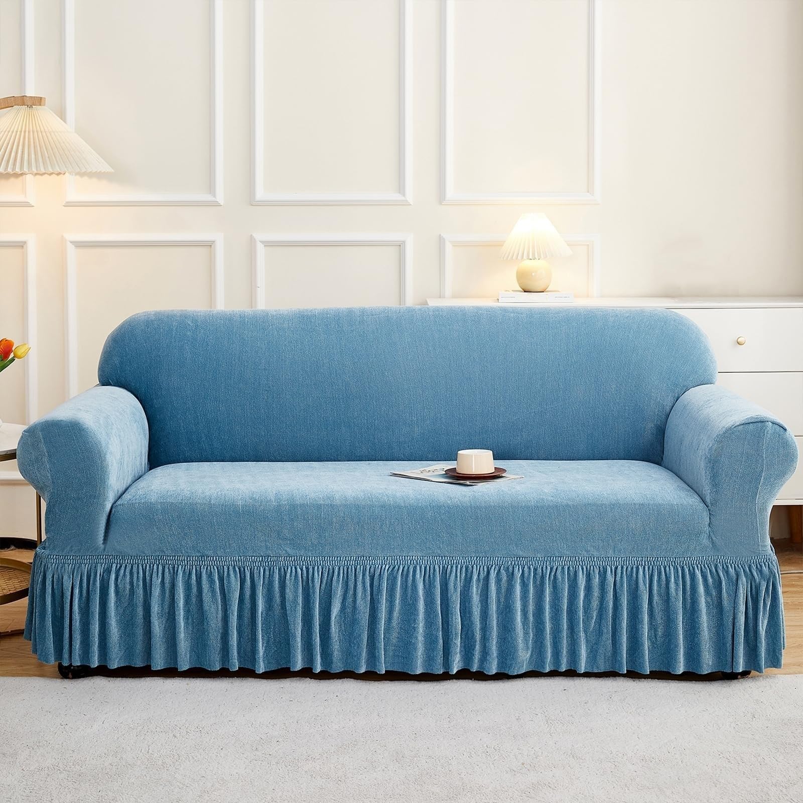 Housse de canapé en chenille 4 places | Revêtement extensible extensible uni avec jupe à volants