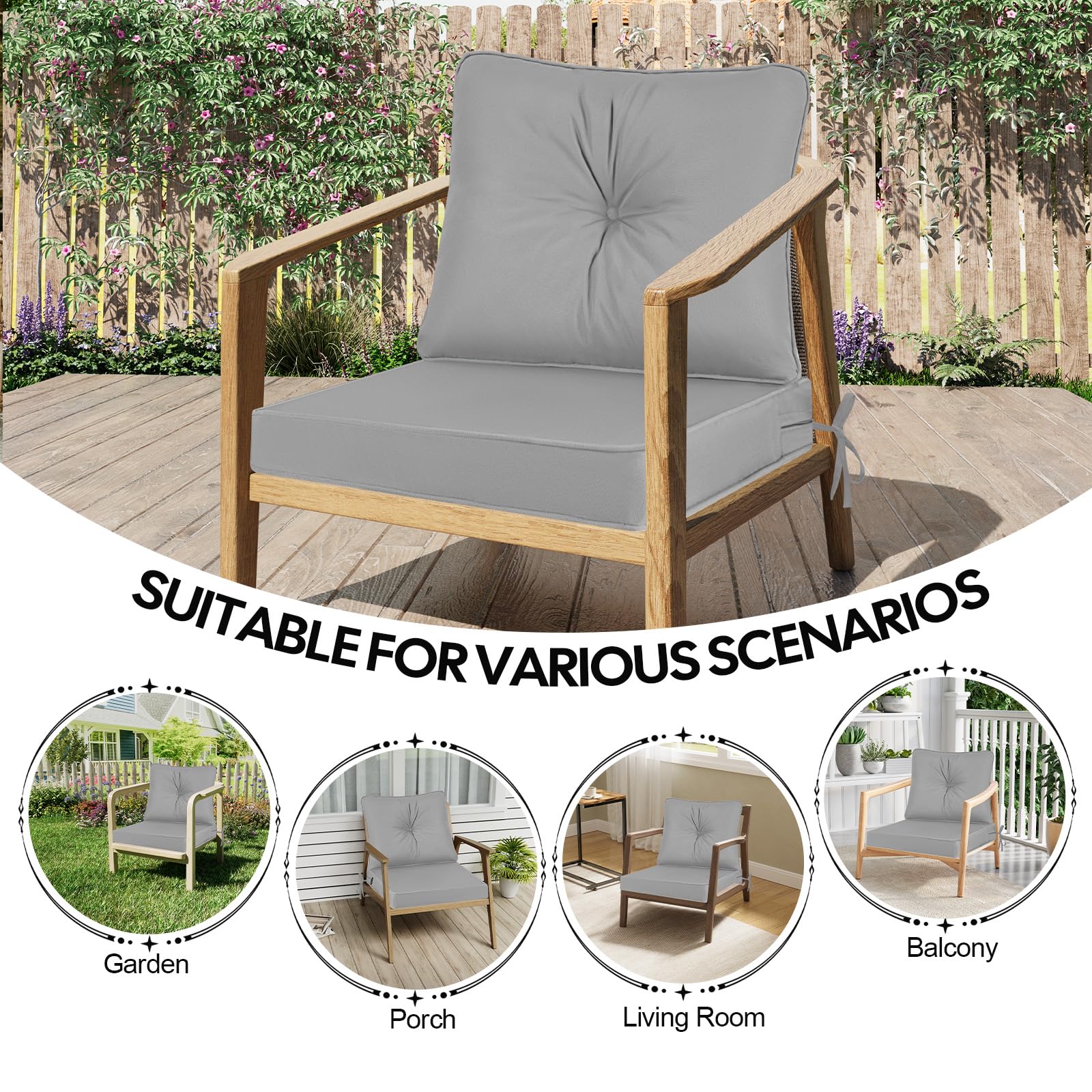 PRIMEPATIO Outdoor Garden Chair Cushion with Backrest, 7cm Thick Waterproof Patio Seat Pad for Low-Back Sofa Chairs, Replacement Garden Furniture Cushion with Ties, 50 x 50cm, Grey — view 7
