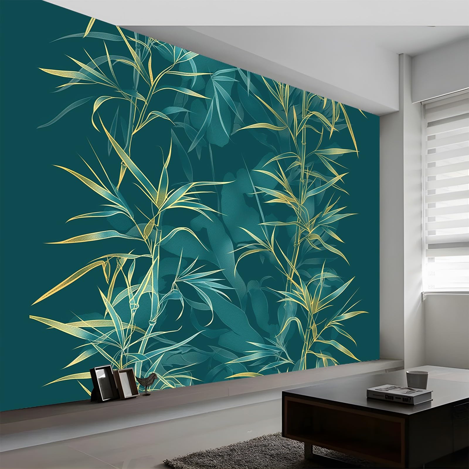 Tapeta 400 x 280 cm, tapeta z włókniny, liście bambusa w naturalnym stylu, folia ochronna na ścianę, do sypialni, salonu, tapeta ścienna, fototapeta, ciemnoniebiesko-zielona, w zestawie z poradnikiem