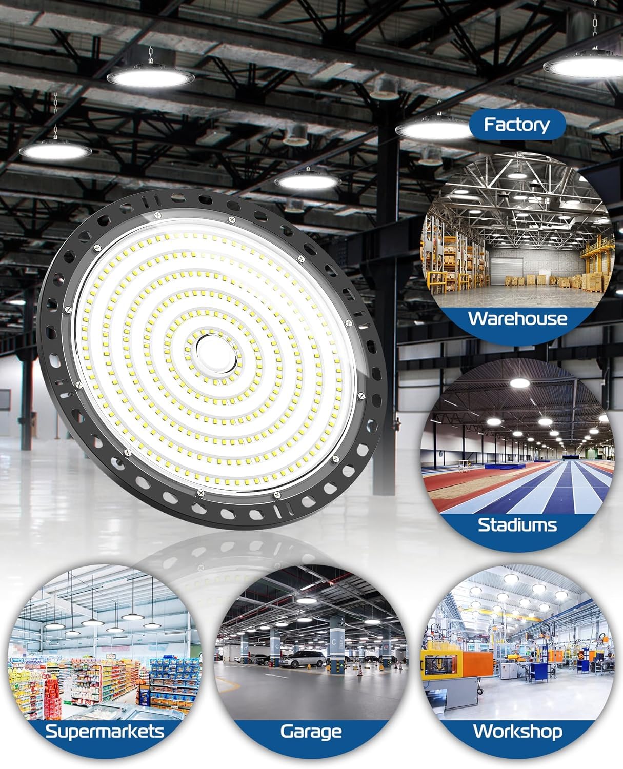 UFO LED Lámpara de Alta Bahía - 2PC 100W 10000LM Focos Led Interior Techo 6500K Blanco Frío, Naves Industriales IP65 Impermeable Campana Iluminación para Garaje Almacen Fábrica Taller