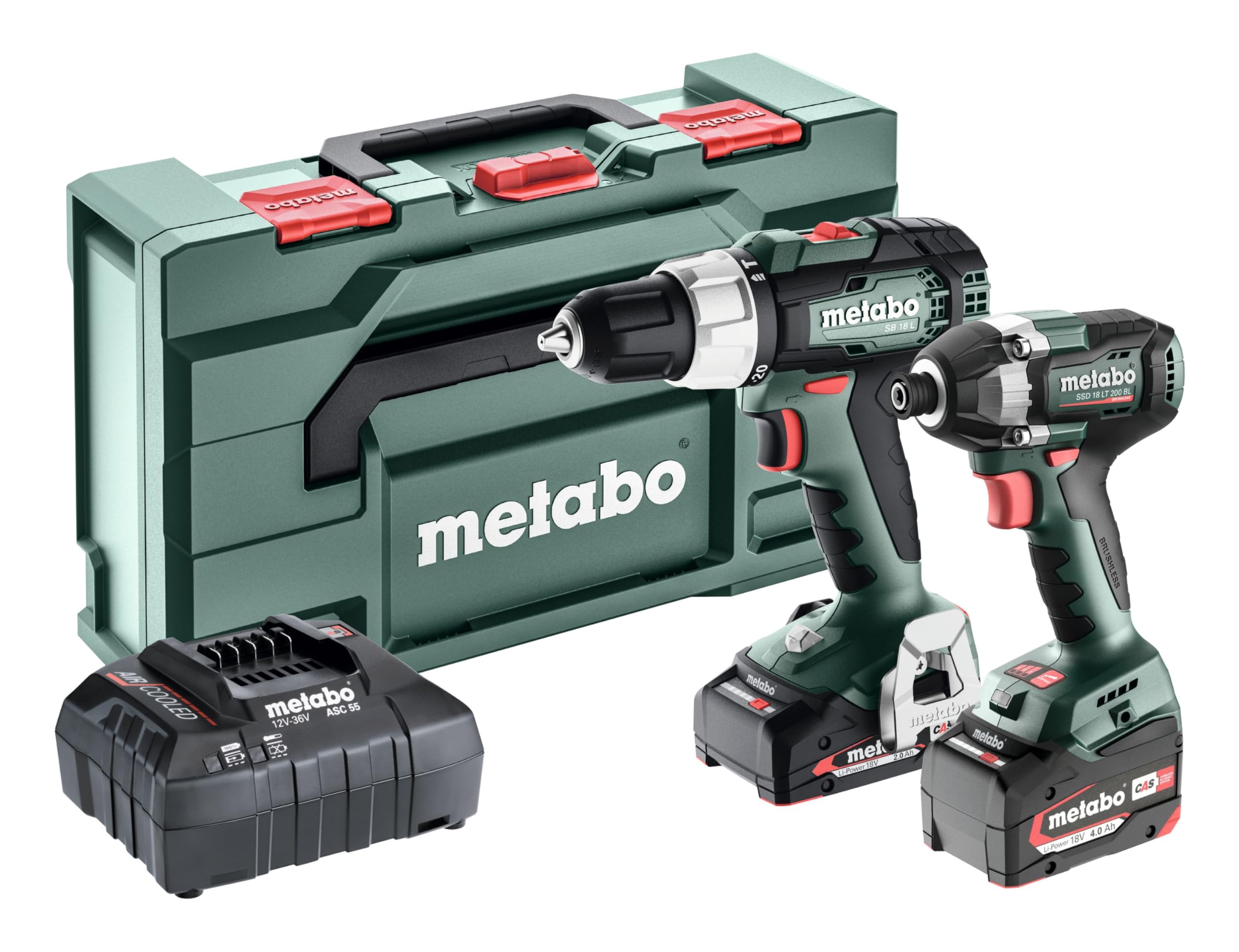 metabo SB 18 L Battery Hammer Drill Set + 18 LT 200 BL SSD Battery Impact Driver + 2 x 2.0Ah and 4.0Ah LiPOWER Batteries + ASC 55 Charger with Air Cooled System + MetaBOX 145L