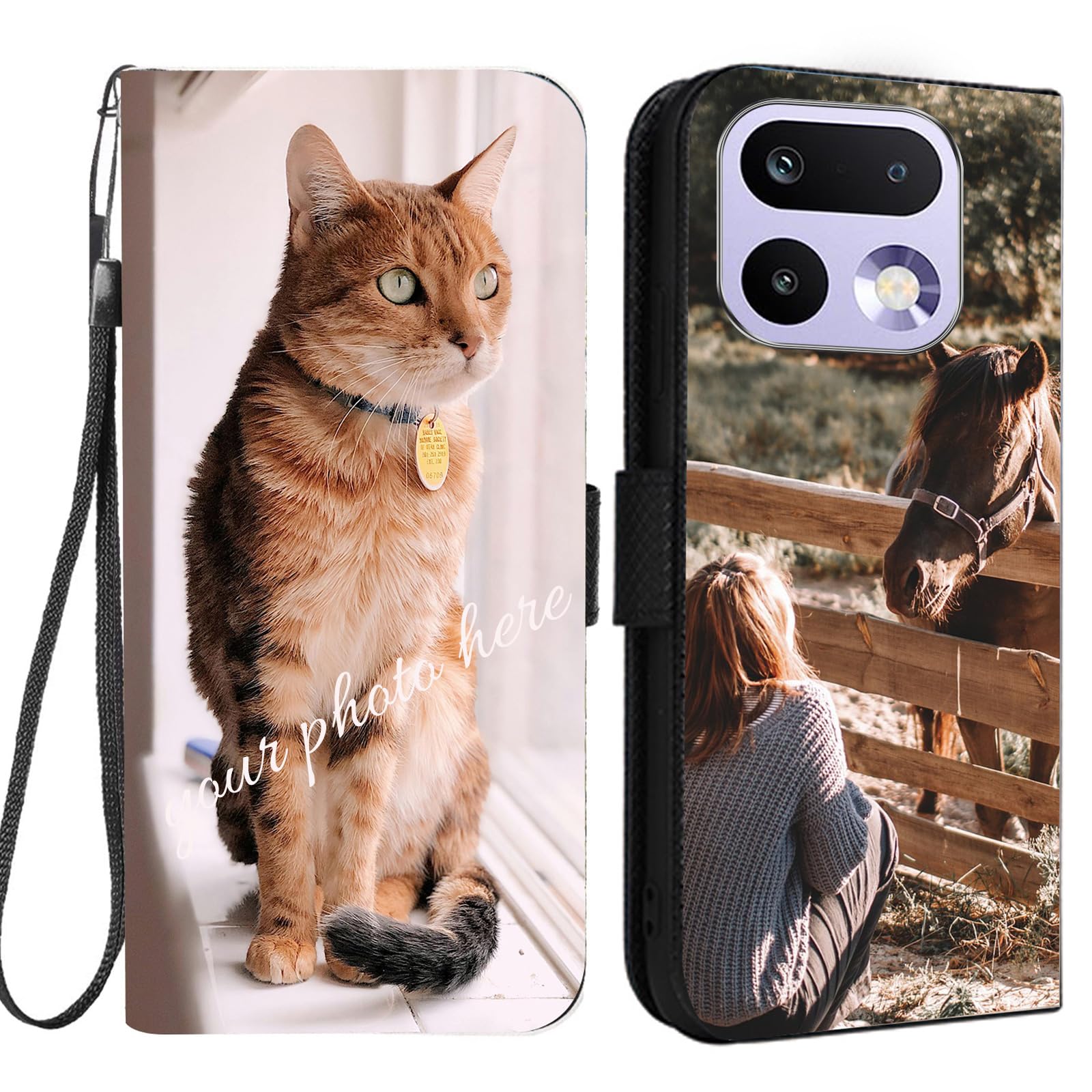 Personalized Leather Wallet Flip Phone Case for Realme 16 Pro,Custom Picture Image Name on Leather Flip Stand Cover Shockproof Protection for 16 Pro Case-Black-ZS-K4