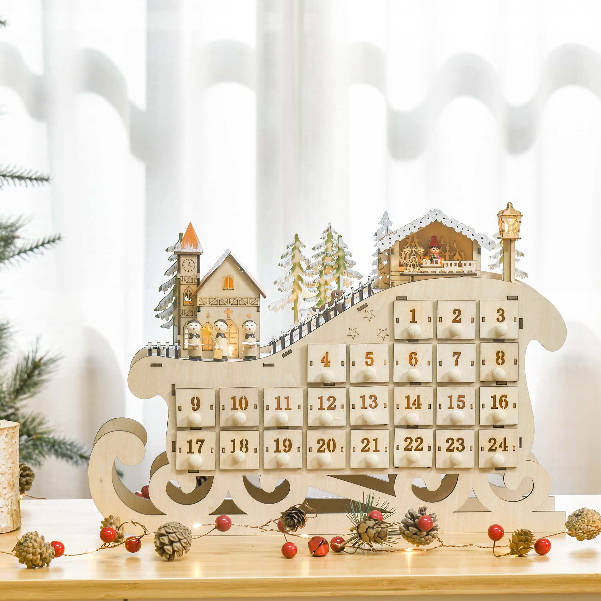 HOMCOM Calendrier de l'avent en bois Lumineux Frome de traineau - 10 lumières Blanc Chaud - 24 tiroirs - décoration Lumineuse de Noël