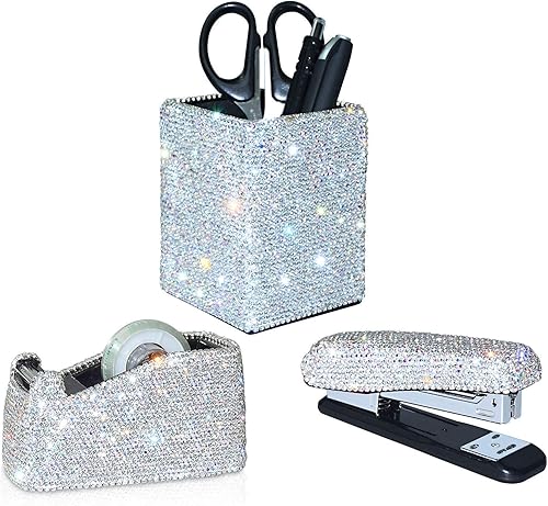 Portalápices, grapadora y dispensador de cinta de escritorio, cristal brillante de lujo, hecho a mano, diamante para niñas y mujeres