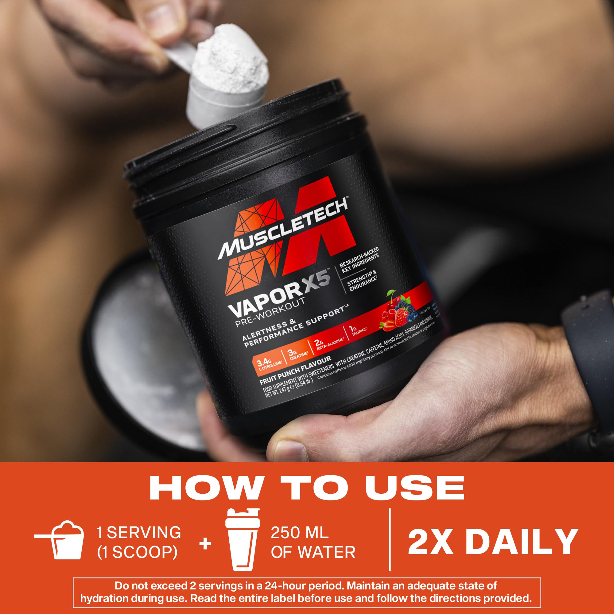 MuscleTech Vapor X5 Pre-Workout Pulver, Nahrungsergänzungsmittel Mit 3g Kreatine Monohydrat Pulver, Beta Alanine, Wachsamkeit und Leistung Mit Koffein, 30 Portionen, 252g, Fruchtpunsch