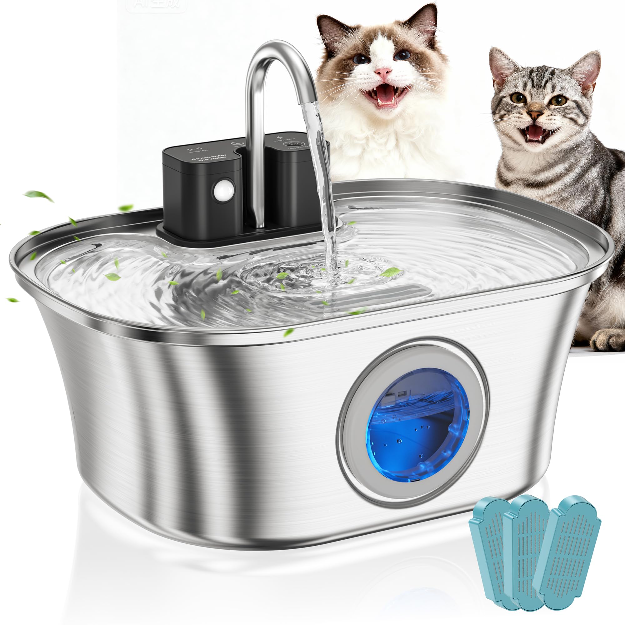 Cat Water Fountain Stainless Steel Cat Fountains for Drinking-108oz/3.2L Quiet Water Fountain for Cats Wireless Cat Water Fountain with Water Level Window for Cats&Dogs Indoor (3 Filter)