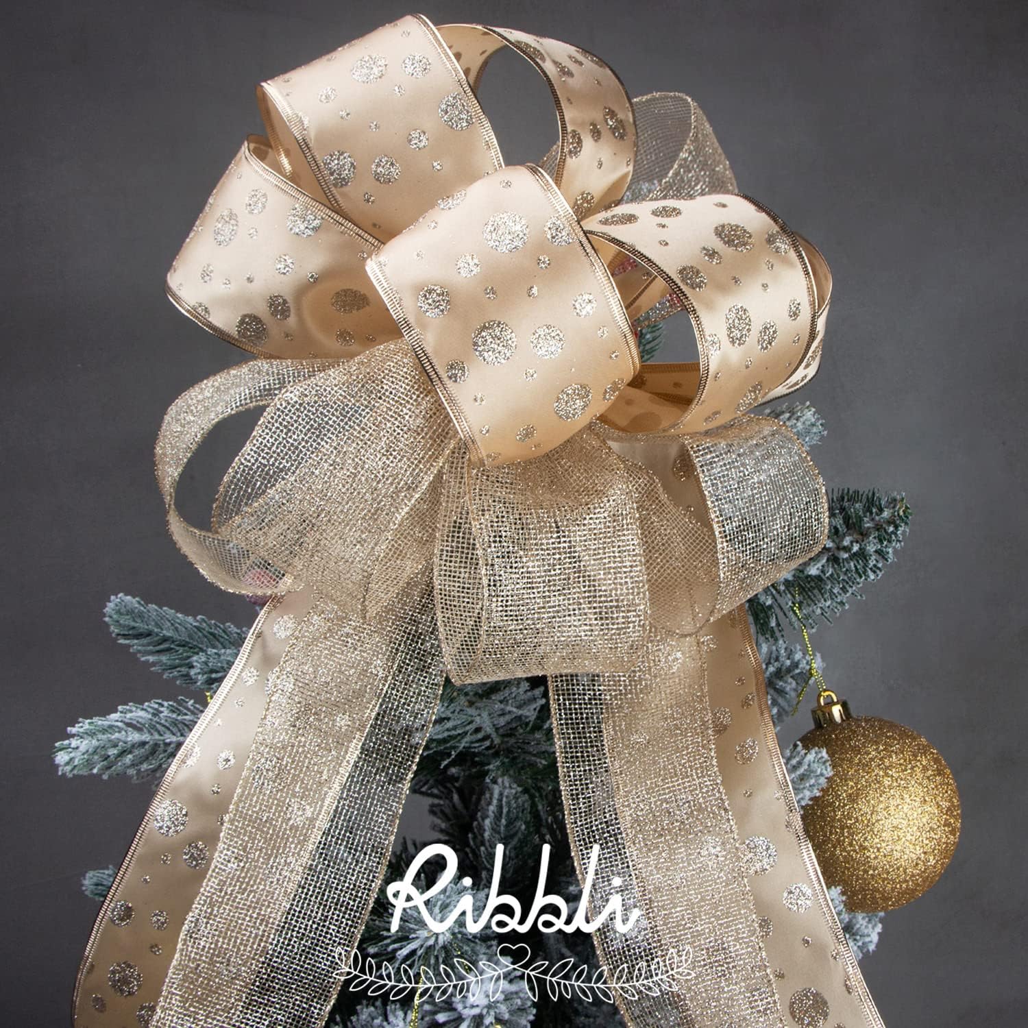 Ribbli Gold Glitter Christmas Ribbon - Wired, for Tree, Crafts, Gift Wrapping - 2.5 Inch x 6 Rolls, 36 Yards Total