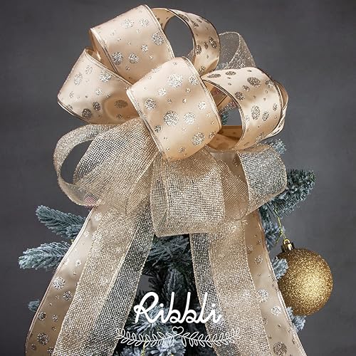 Miniatura 4 de Ribbli Cinta de Navidad con purpurina dorada, con alambre, para árbol, manualidades, envoltura de regalos, 2.5 pulgadas x 6 rollos, 36 yardas en