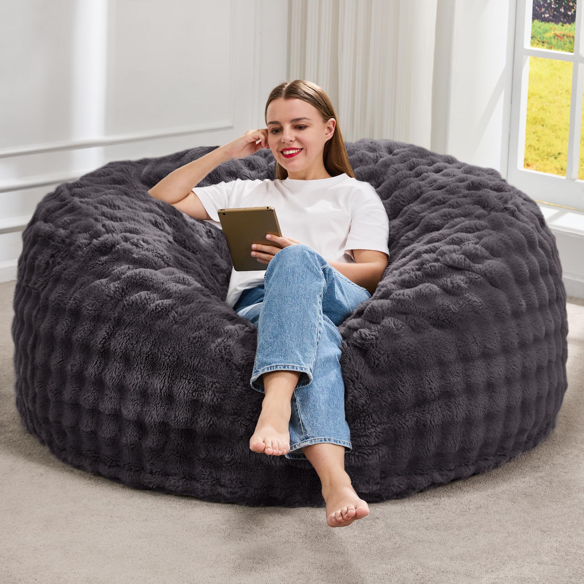 hobestluk bean bag chairs beanbag chair with filler adult bean bags with fluffy & machine washable cover, giant bean bag chairs for aduts (dark grey, 4ft-44" x 44" x 24")