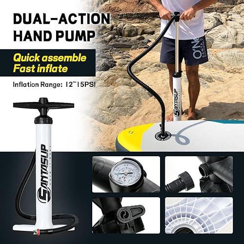 Miniatura 7 de Santasup Inflatable Stand Up Paddle Board with SUP Accessories, Sup Paddle, Wide Stance, Double Action Hand Pump, Non- Slip Deck, Travel Backpack,
