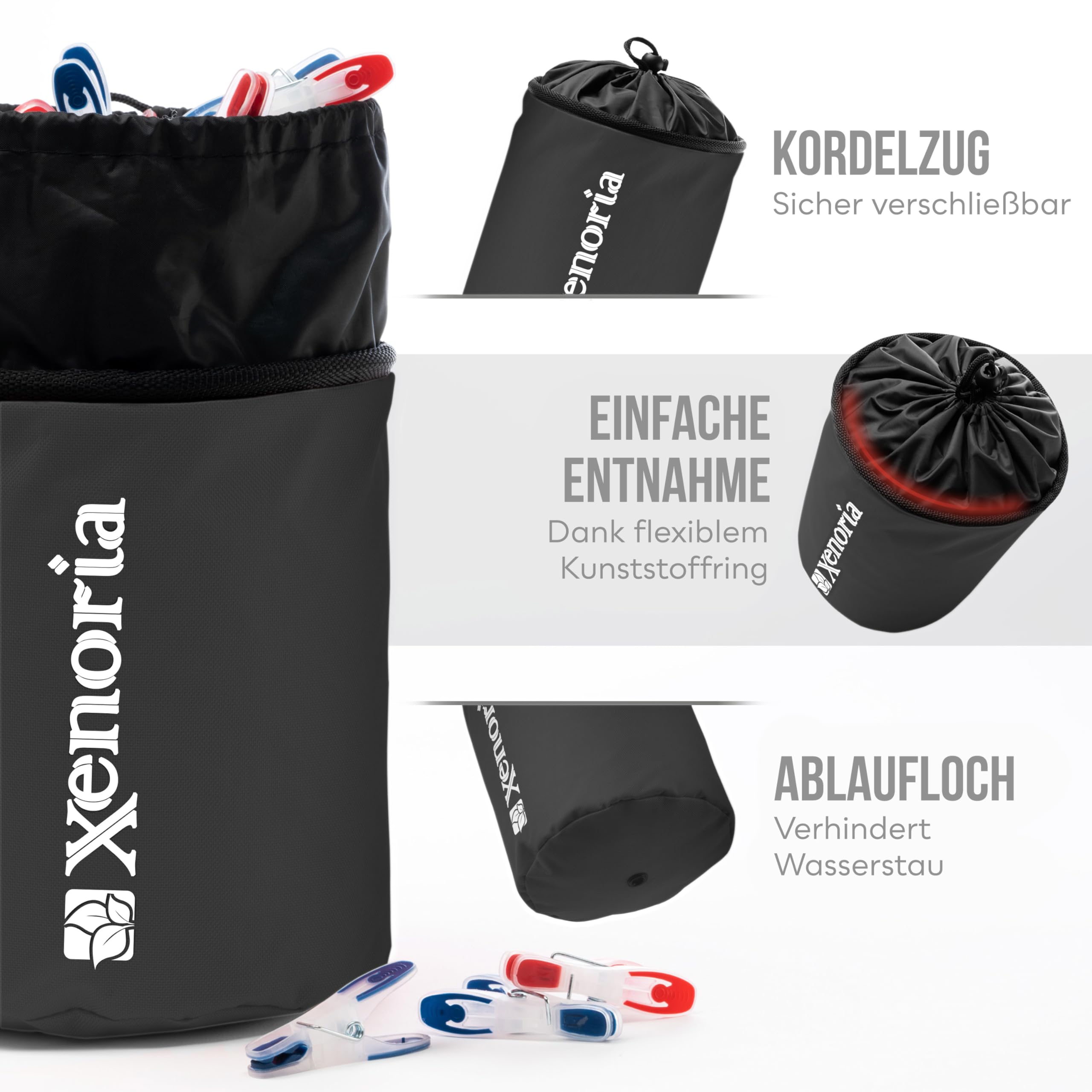 Xenoria Woreczek premium na 250 spinaczy do prania, z haczykiem do zawieszenia, z wytrzymałego materiału, nadaje się do użytku wewnątrz i na zewnątrz (ciemnoszary)