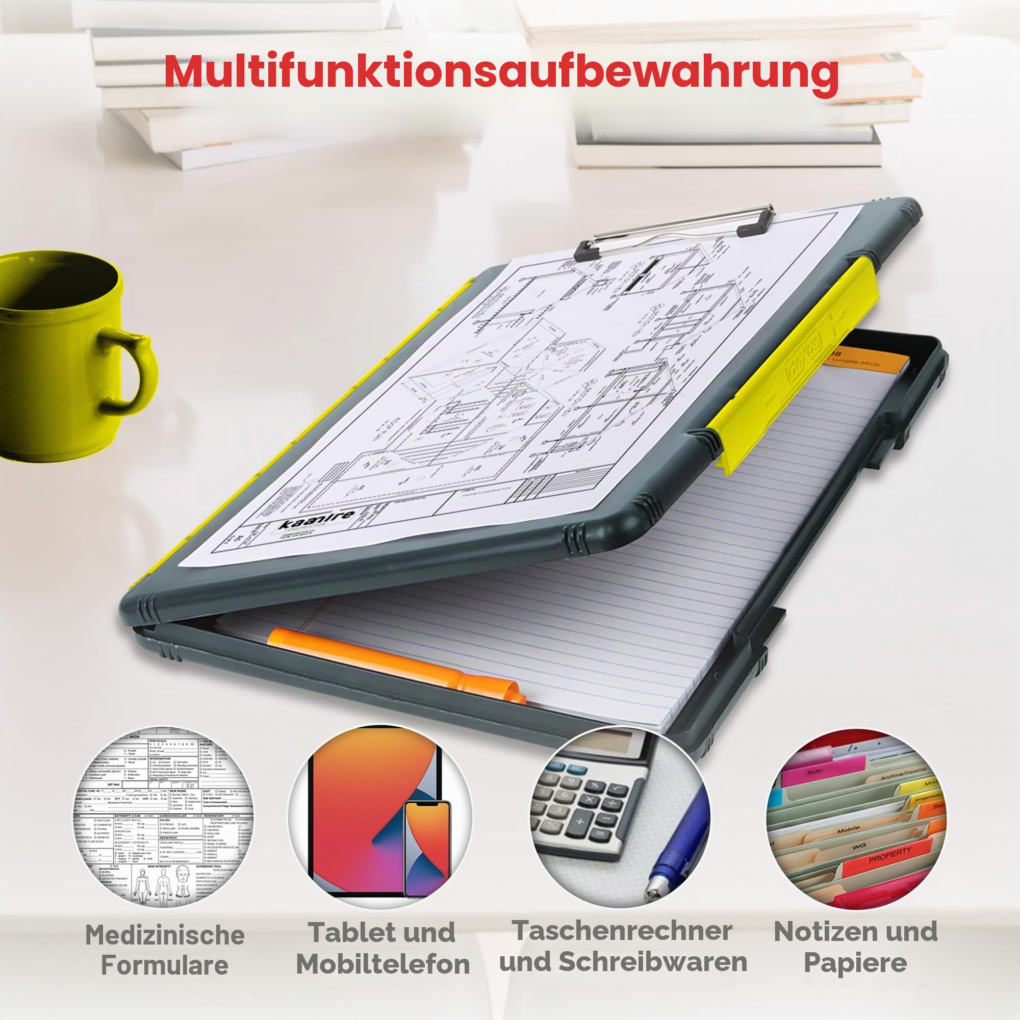 Dexas XL Slimcase 2 Klemmbrett zur Aufbewahrung, legale Größe, Kunststoff, Grau mit gelbem Clip, 15.5" x 10.5" x 1"
