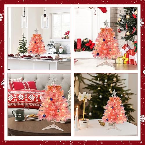 Miniatura 6 de Uten Árbol de Navidad rosa pequeño árbol de Navidad bolas de Navidad 15 unidades y cabeza de árbol de arco, caja de batería de ocho funciones 30