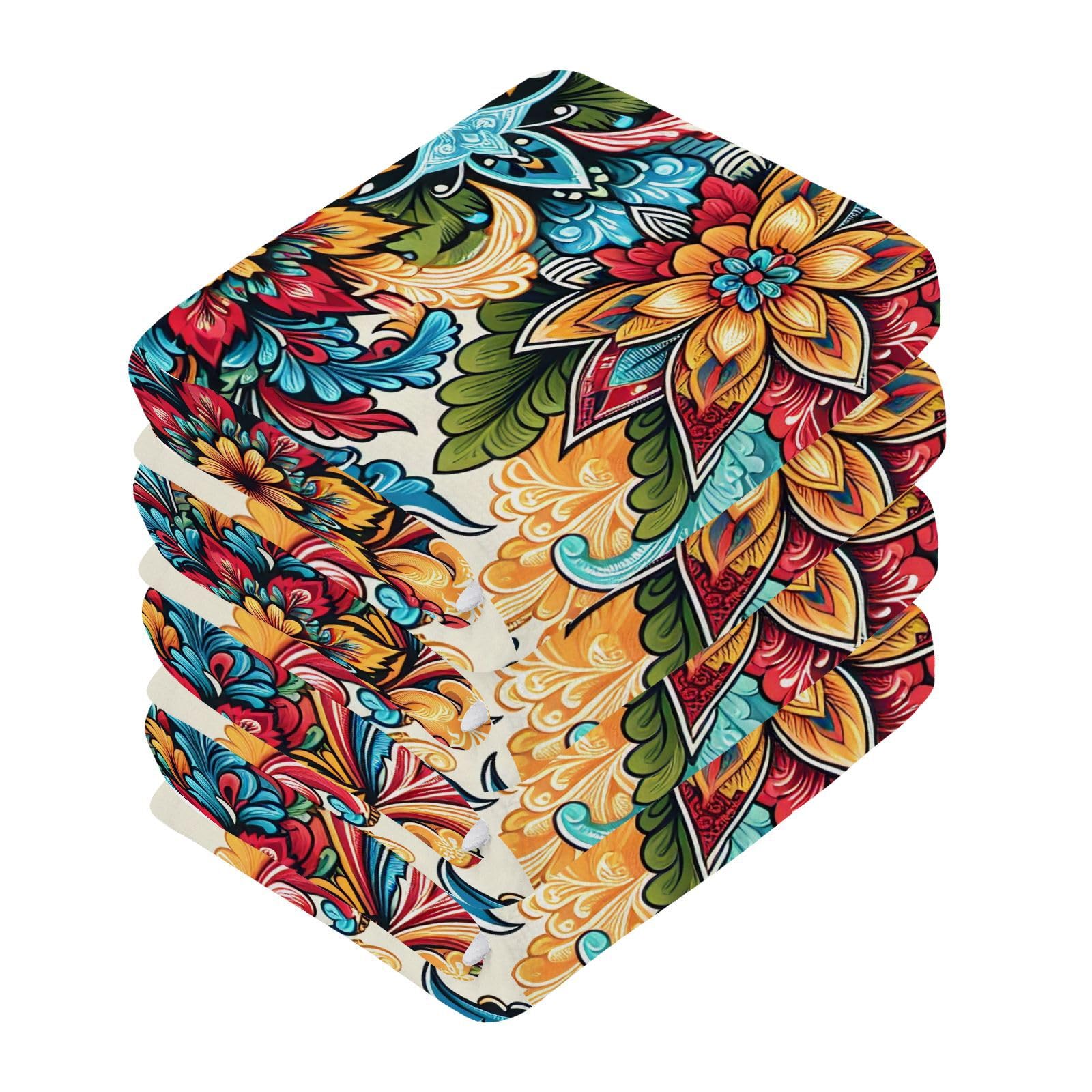 YANENDIE Traditional Floral Motifs Washcloths Towels, Highly Absorbent and Soft Cotton Face Cloths, 4 Pack Quick Dry Wash Cloths - 12 X 12 Inches