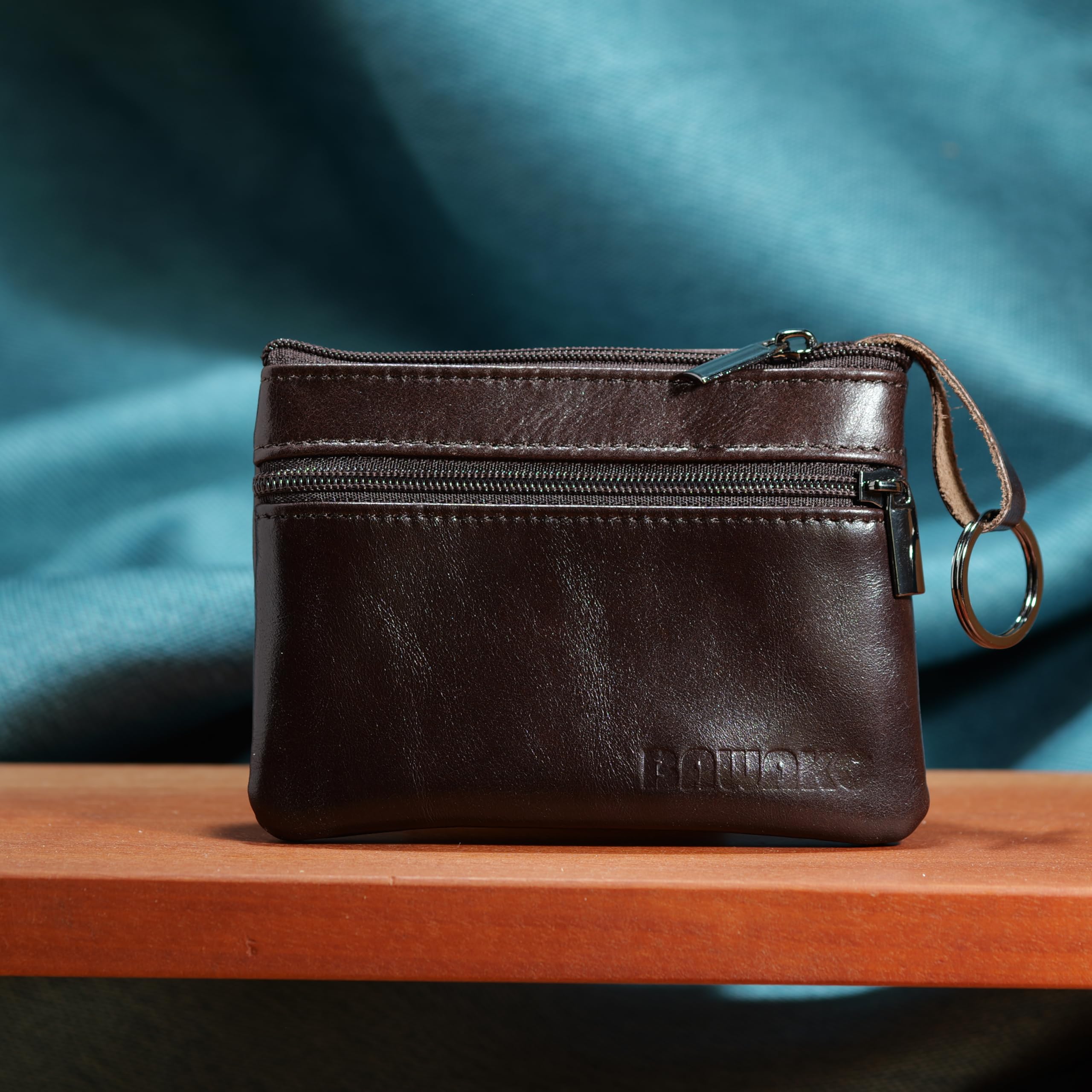 BAWAKO Portamonete in vera pelle, tre scomparti, chiusura con cerniera, adatto per carte e monete, con portachiavi mini portafoglio, universale(Marrone)