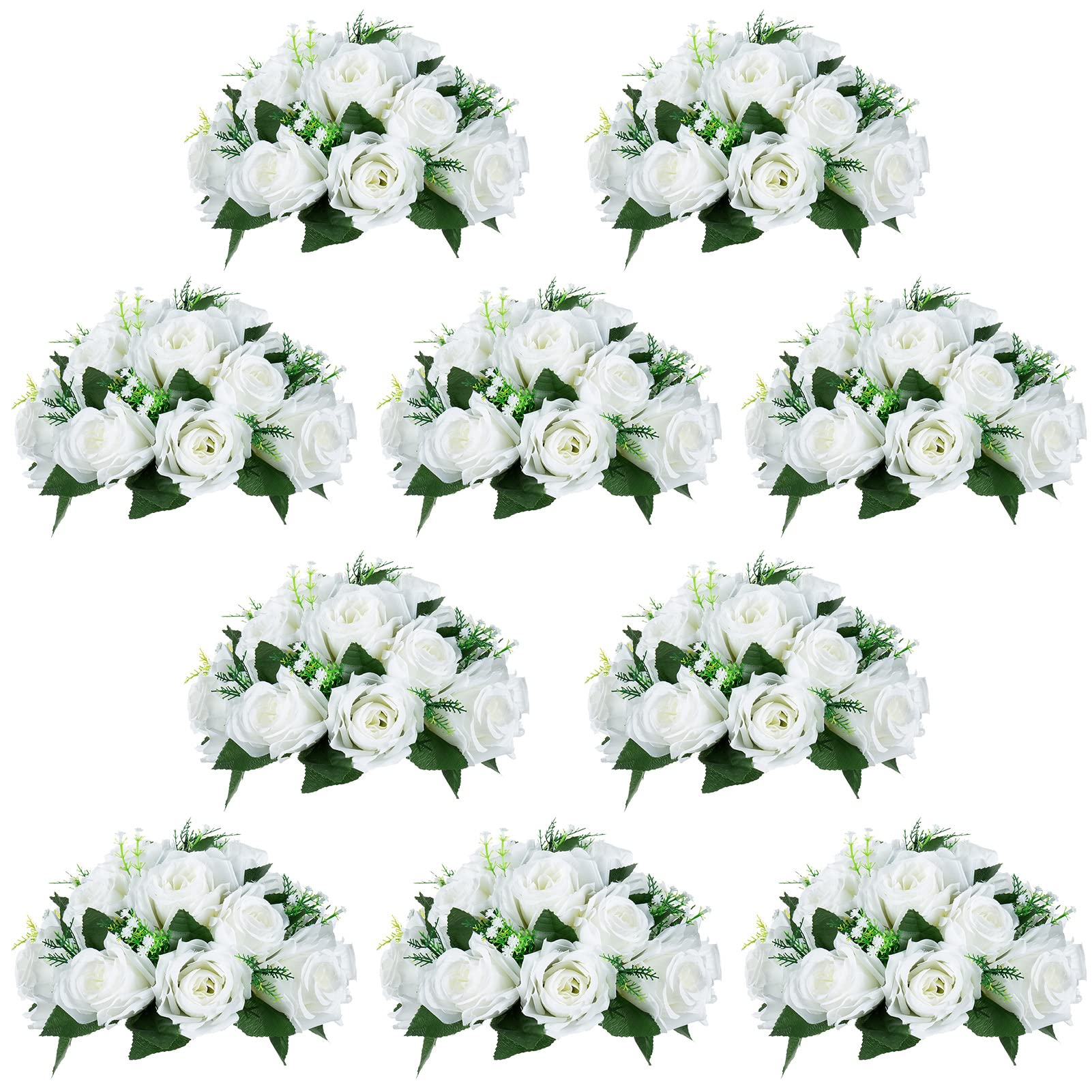 NUPTIO Pcs of 10 Fake Flower Ball Arrangement Bouquet,15 Heads Plastic Roses with Base, Suitable for Our Store's Wedding Centerpiece Flower Rack for Parties Valentine's Day Home Décor (Pure White) — image 1
