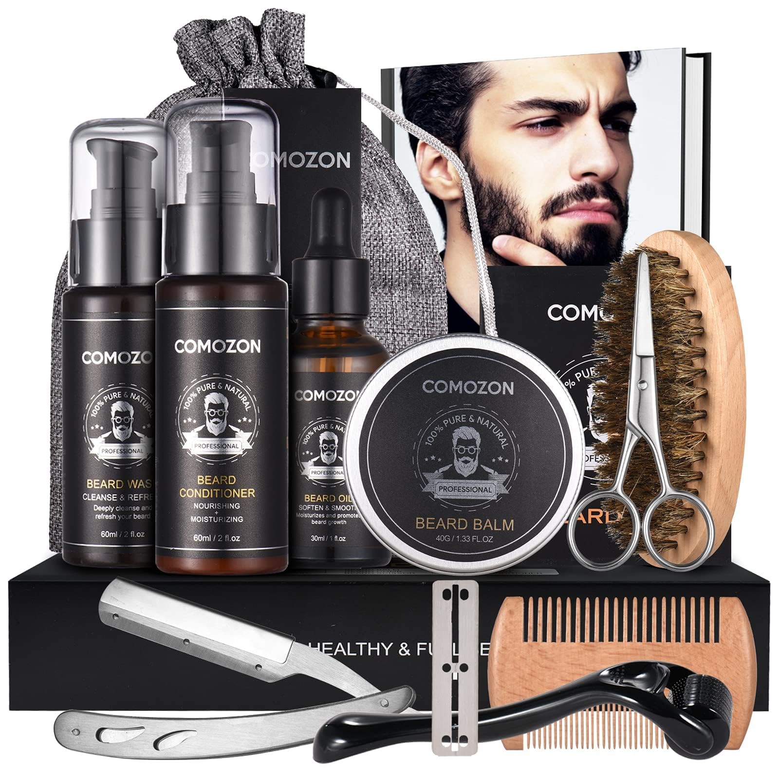 Kit Barbe Homme Complet 12 en 1, Soin Barbe avec Huile, Shampoing, Crème, Peigne, Ciseaux, Brosse, Rasoir