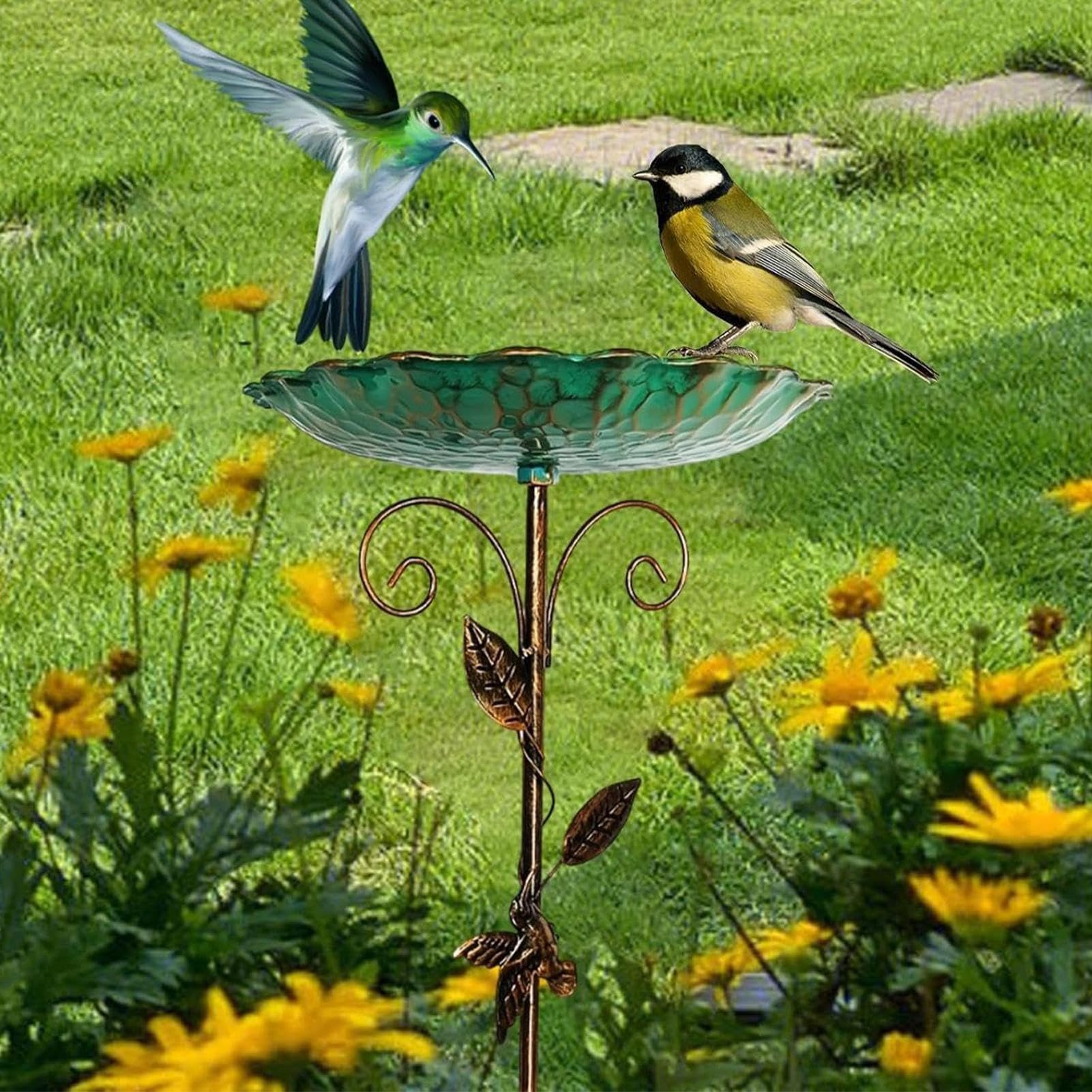Bain d'oiseaux pour Extérieur, Mangeoire Vintage, Bassin en Métal sur Pied Antigel Hauteur Réglable pour Jardin Terrasse Balcon Extérieur